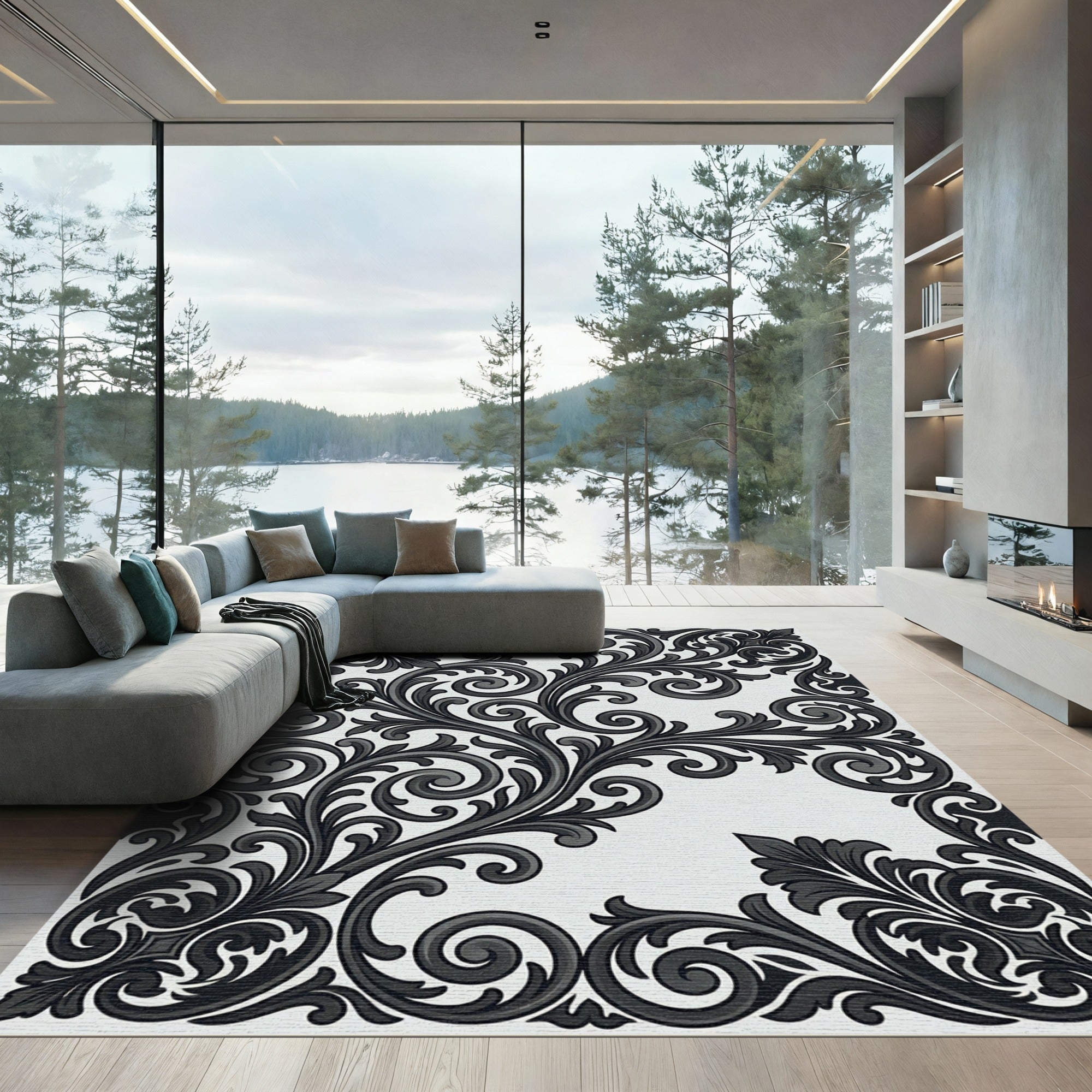 Monochrome Black Scrollwork Ornamental Flourish Rug