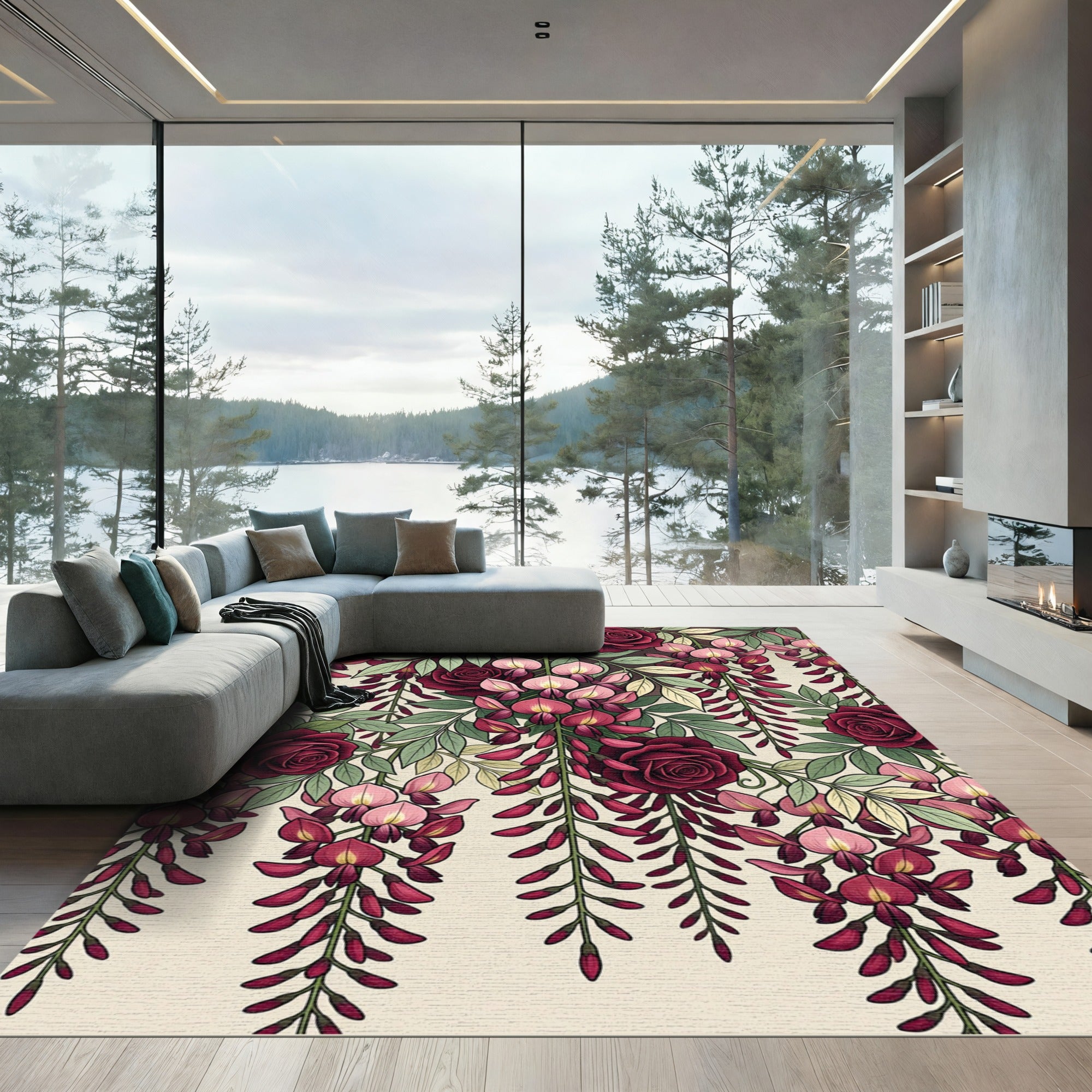 Romantic Crimson Rose Wisteria Cascade Rug