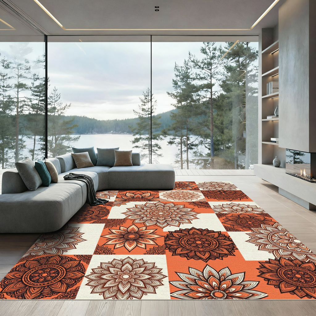 Ornate Coral Sunburst Mandala Arrangement Rug