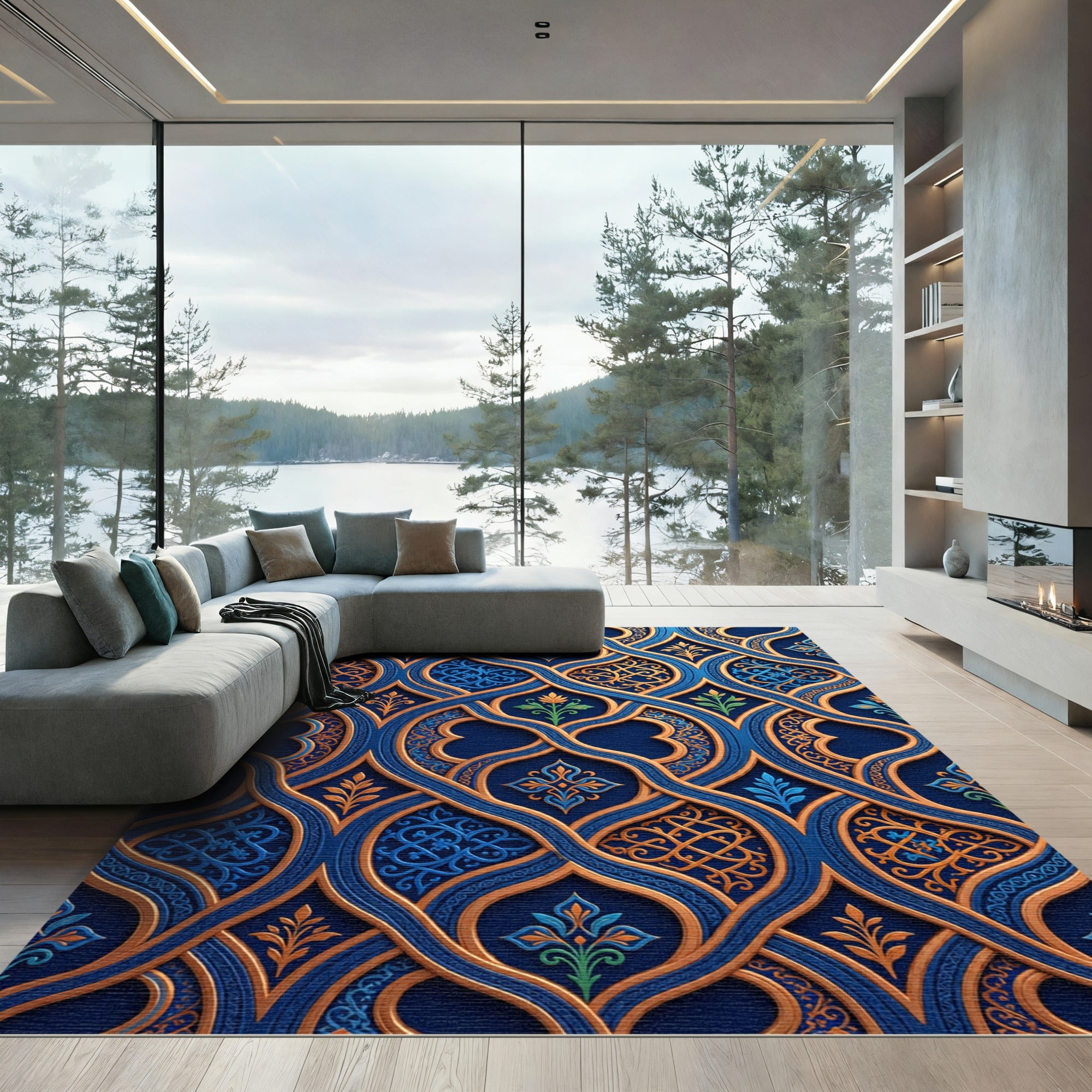 Ornate Gold and Navy Scrolling Filigree Rug
