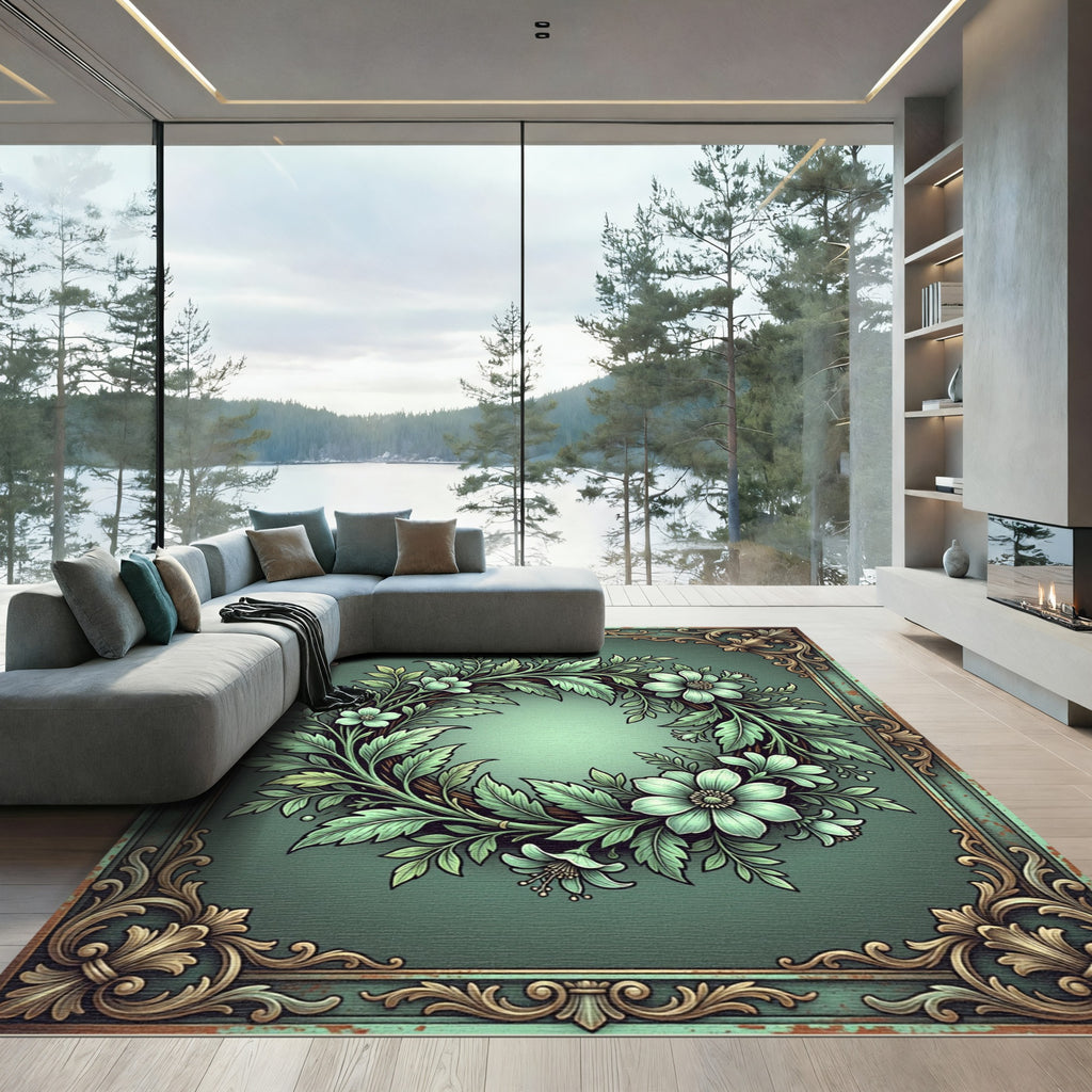 Elegant Sage Floral Wreath Flourish Rug