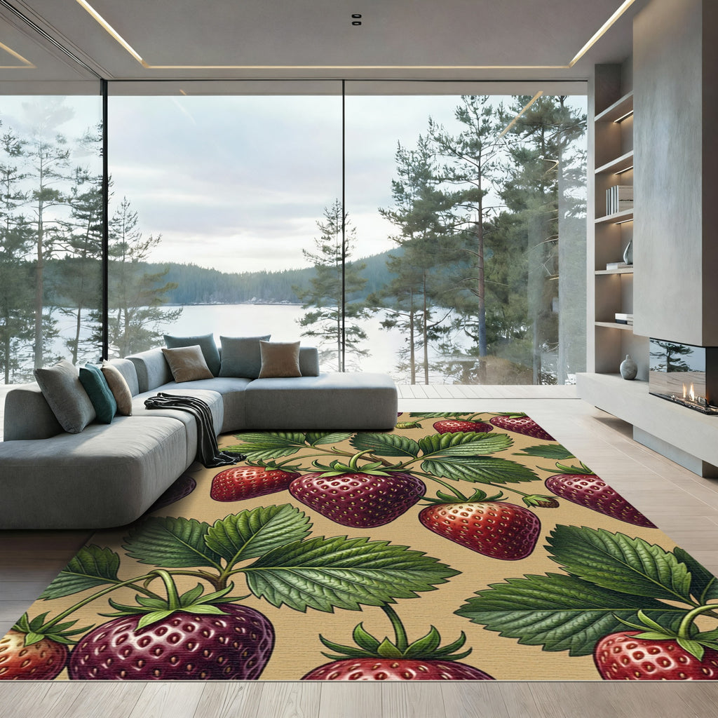 Botanical Strawberry Illustration on Tan Background Rug