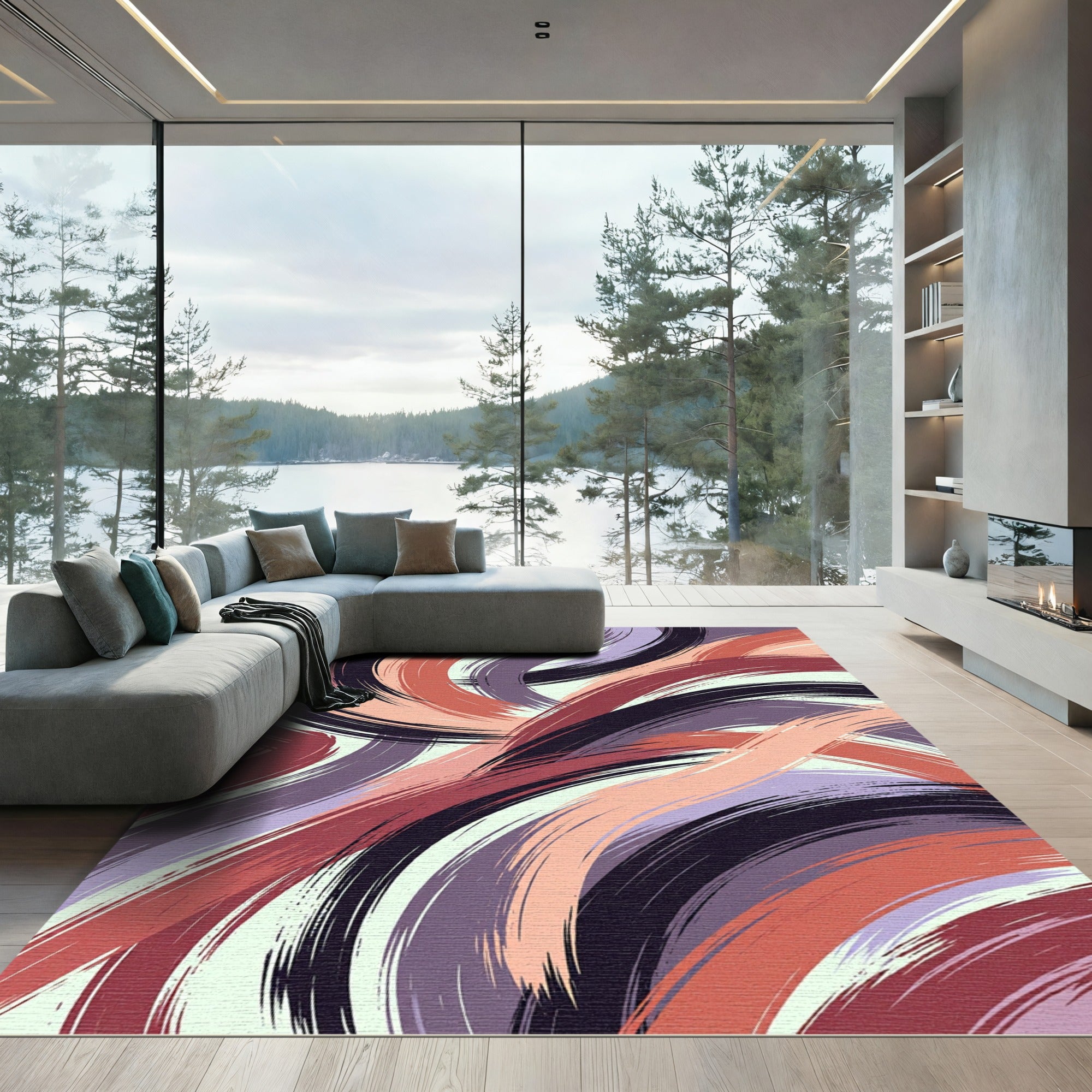 Abstract Swirling Crimson and Lavender Brushstroke Rug