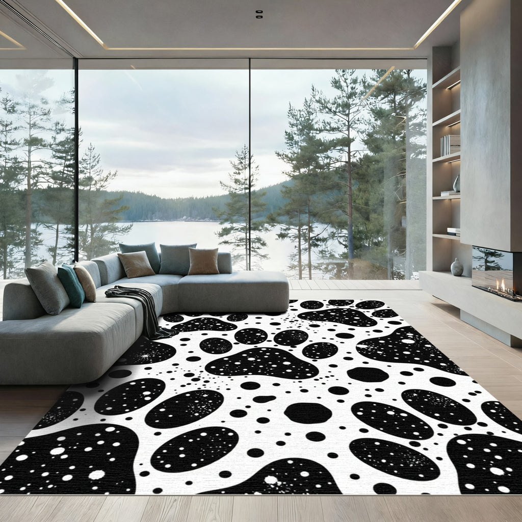 Black White Paw Print Polka Dot Rug