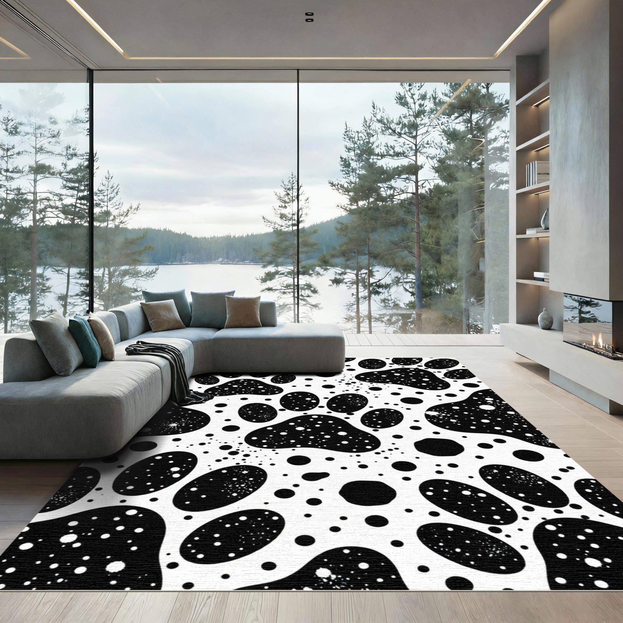 Black White Paw Print Polka Dot Rug