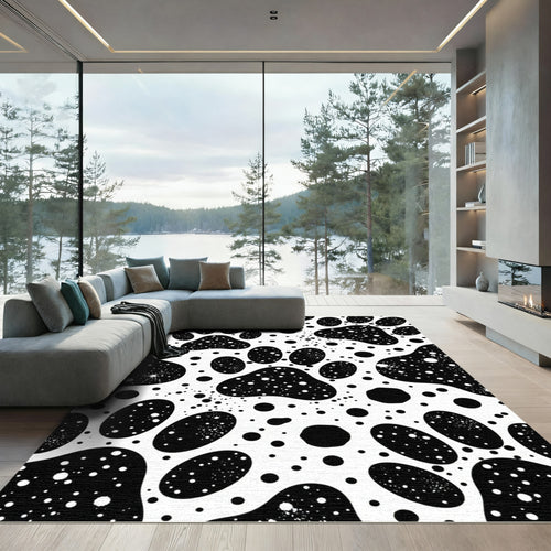 Black White Paw Print Polka Dot Rug