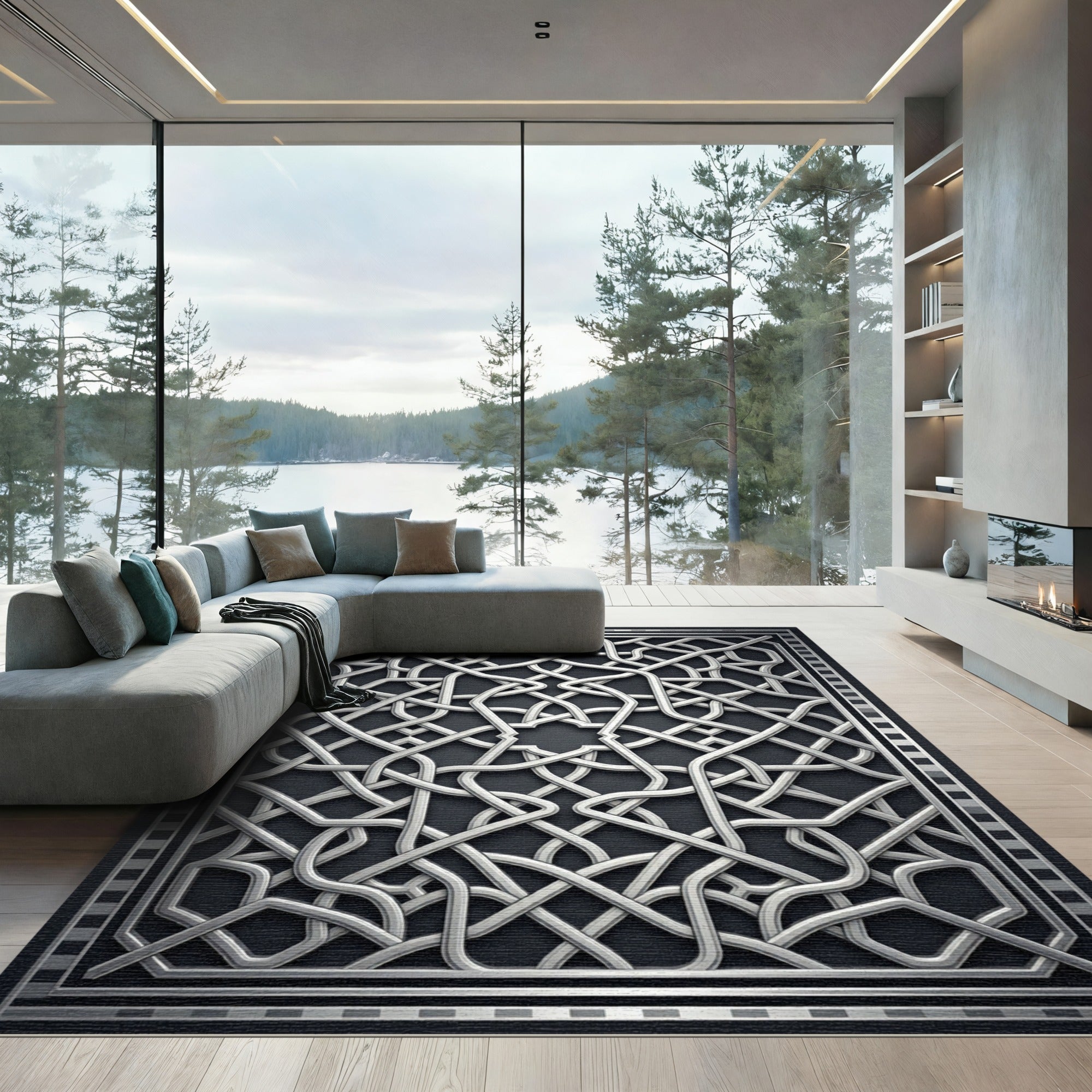 Silver Metallic Geometric Interlaced Lattice Rug