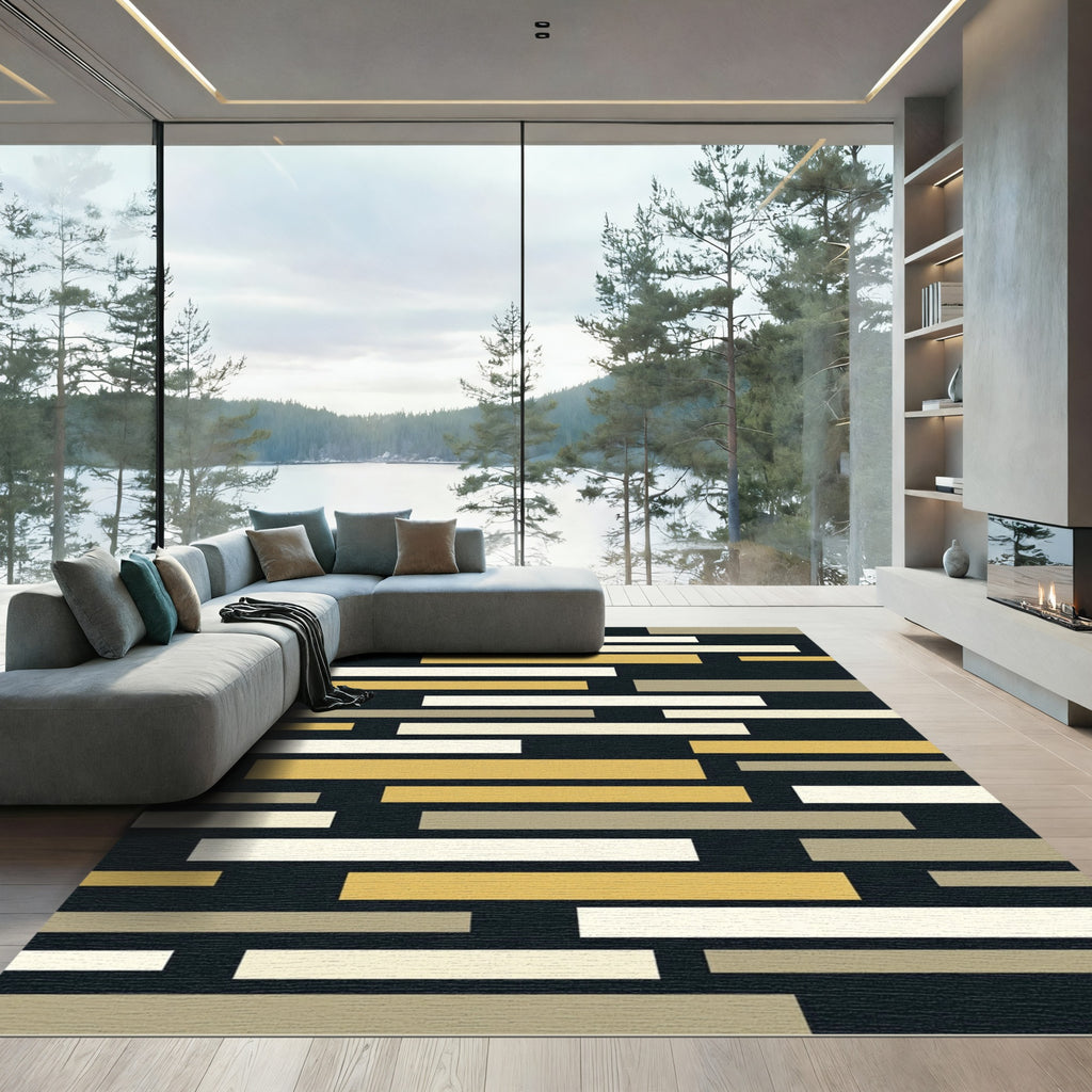 Gold Cream Gray Horizontal Stripe Rug