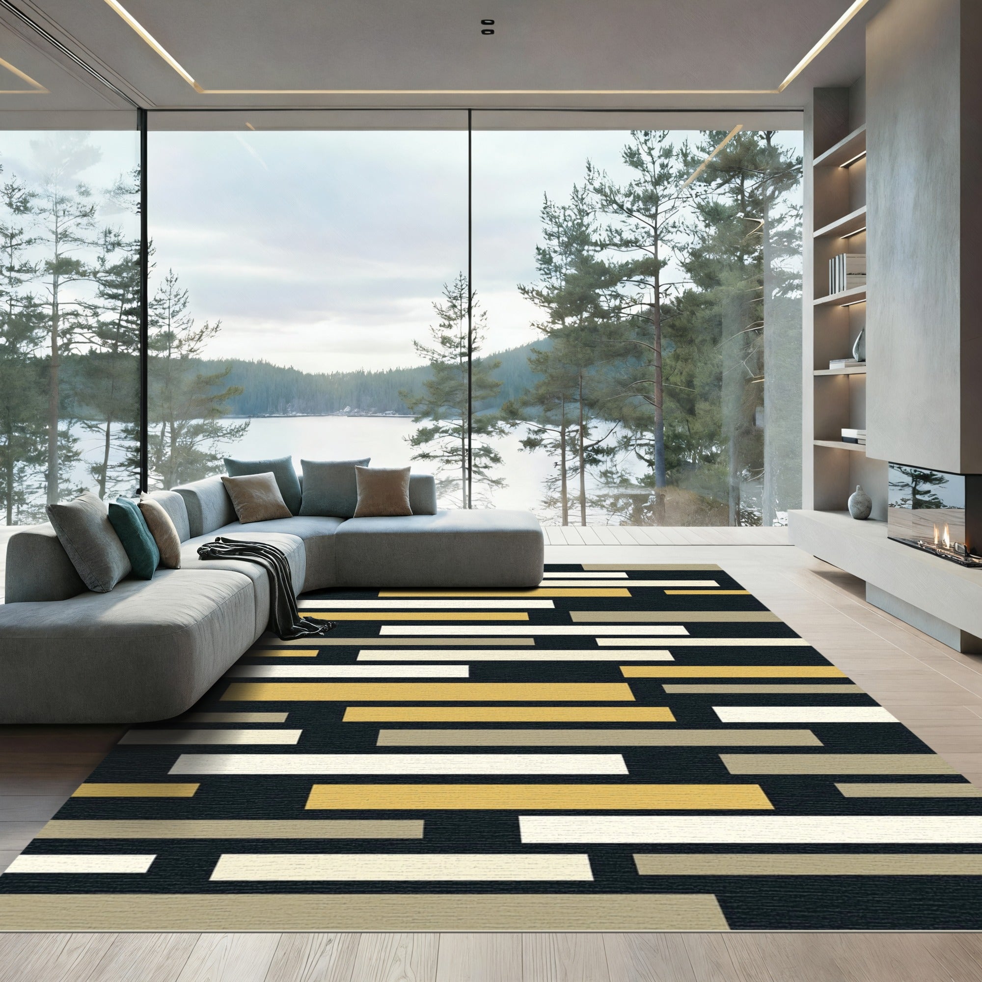 Gold Cream Gray Horizontal Stripe Rug