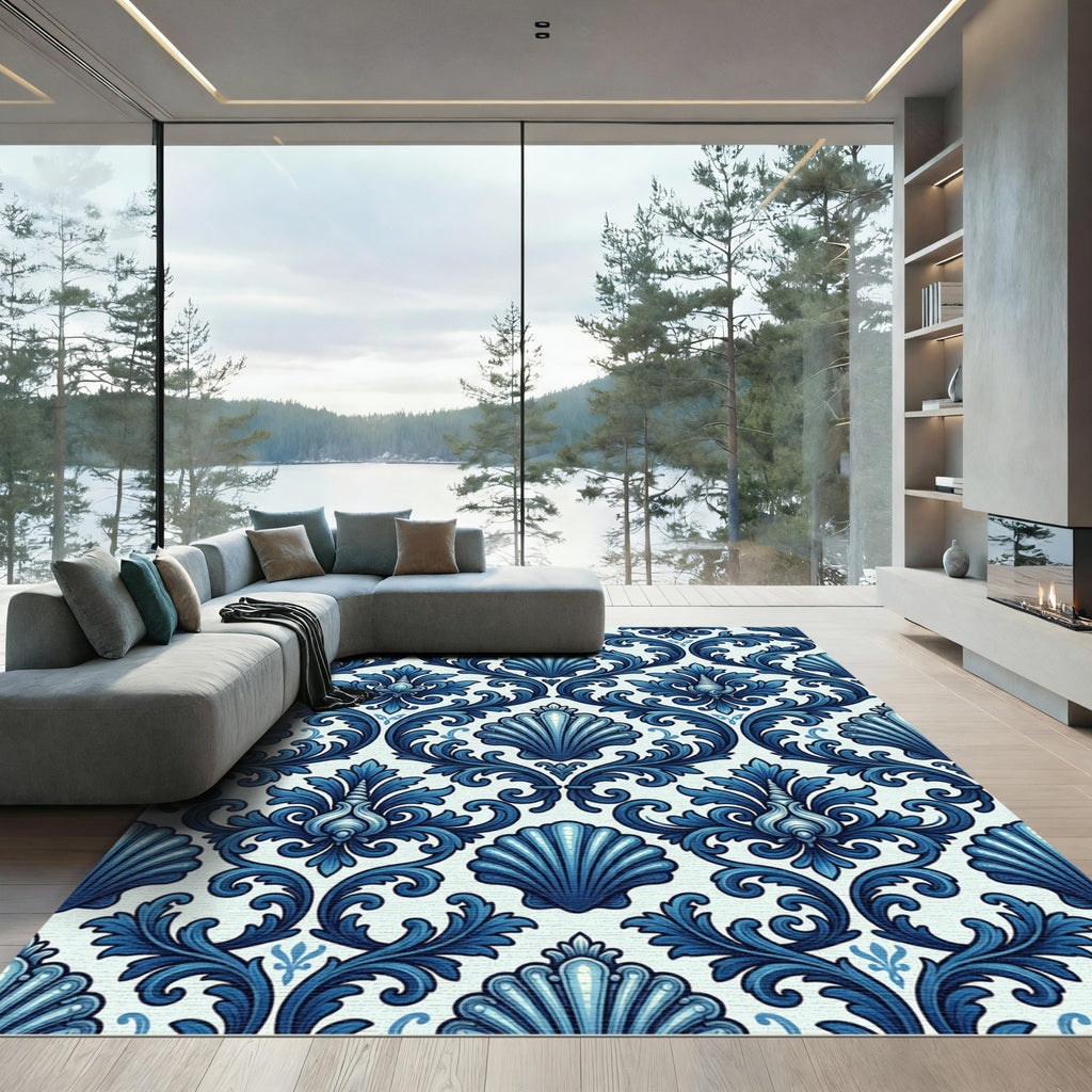 Deep Blue Baroque Floral Seashell Rug