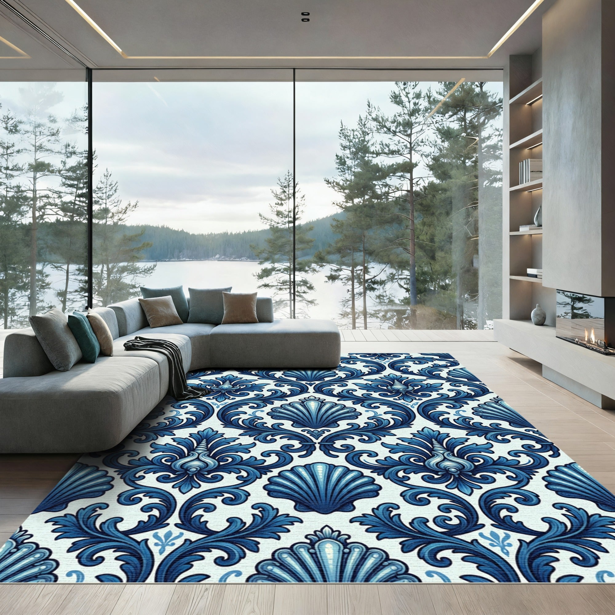 Deep Blue Baroque Floral Seashell Rug