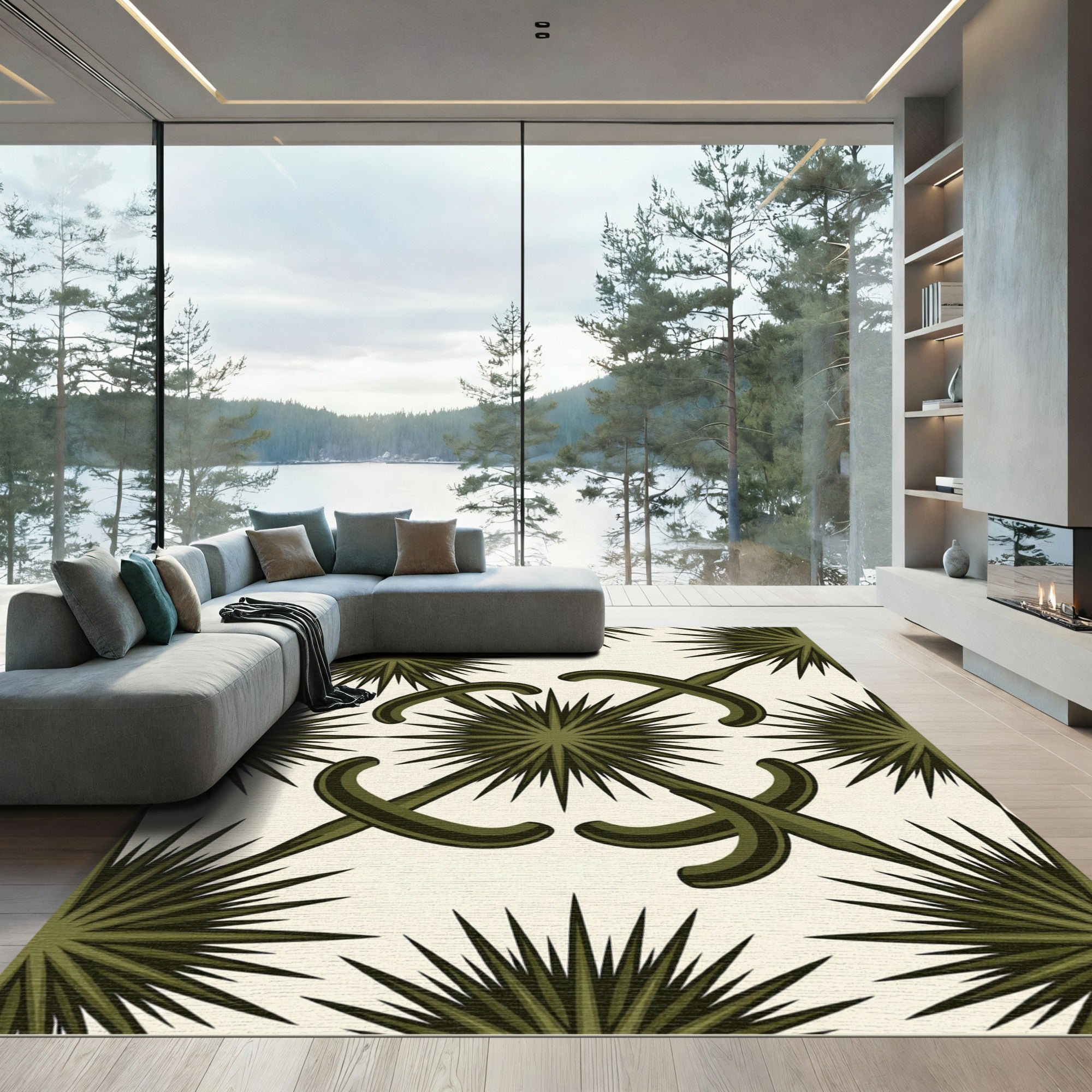 Olive Green Geometric Starburst Curvilinear Rug