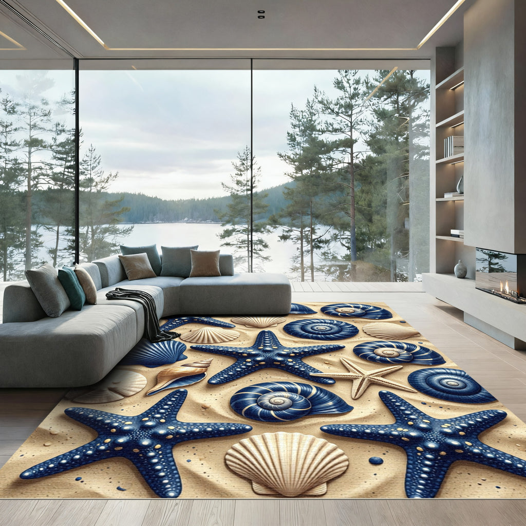 Nautical Blue Starfish Shell Collection Rug