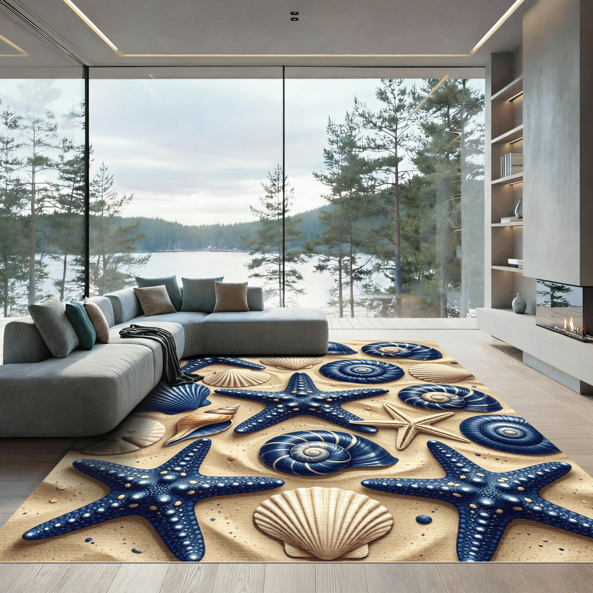 Nautical Blue Starfish Shell Collection Rug