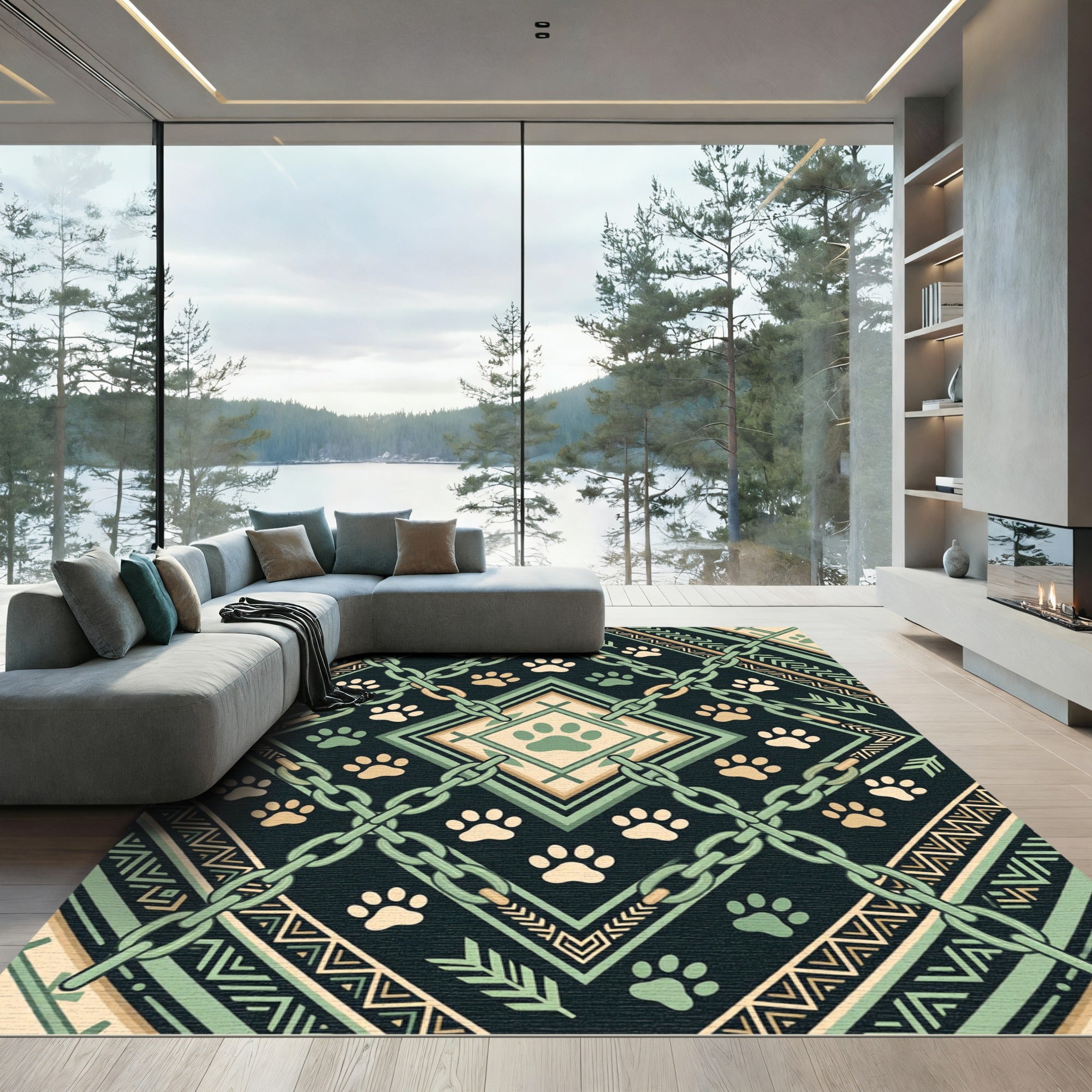 Sage Green Chain Link Paw Geometric Rug
