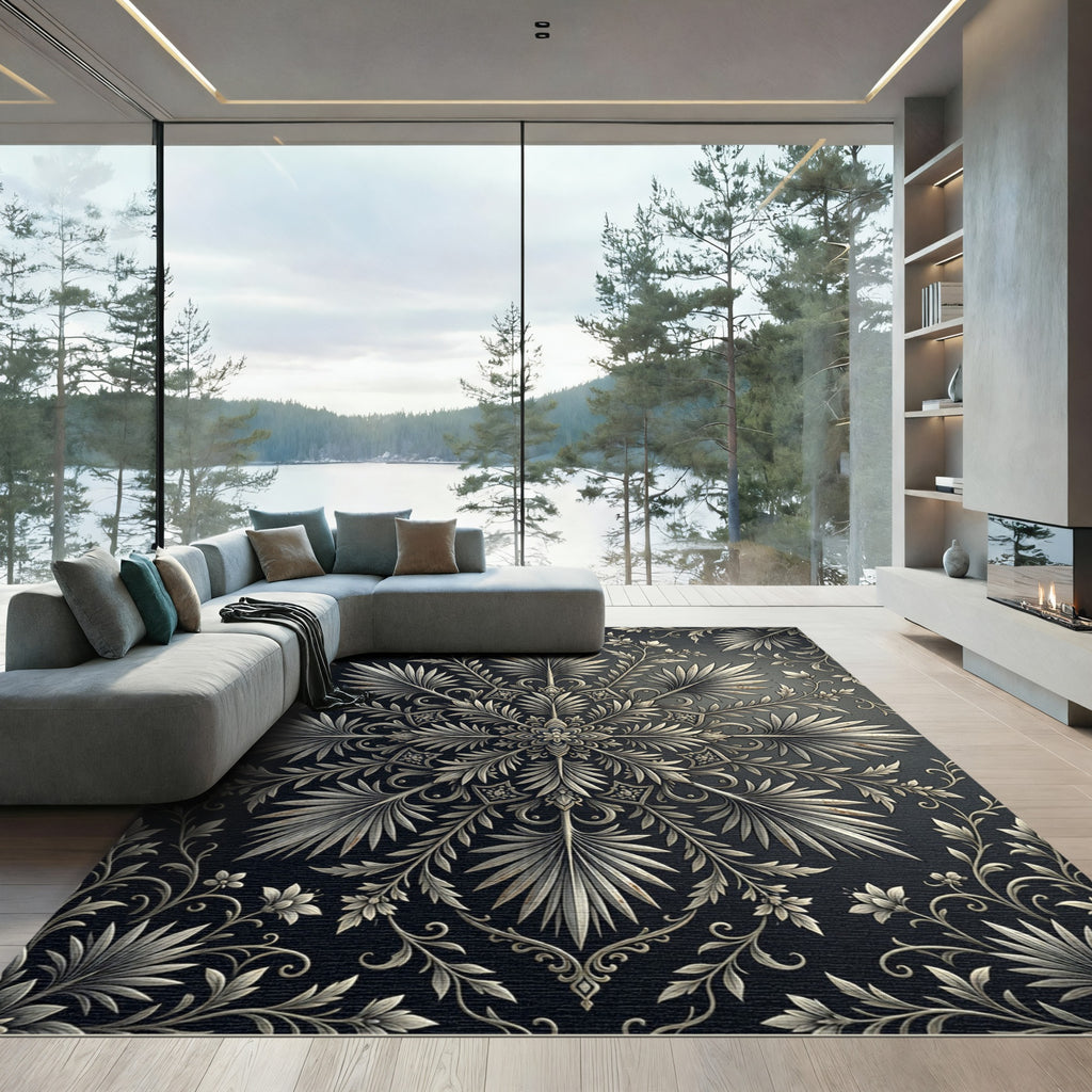 Ornate Silver Floral Scroll Rug