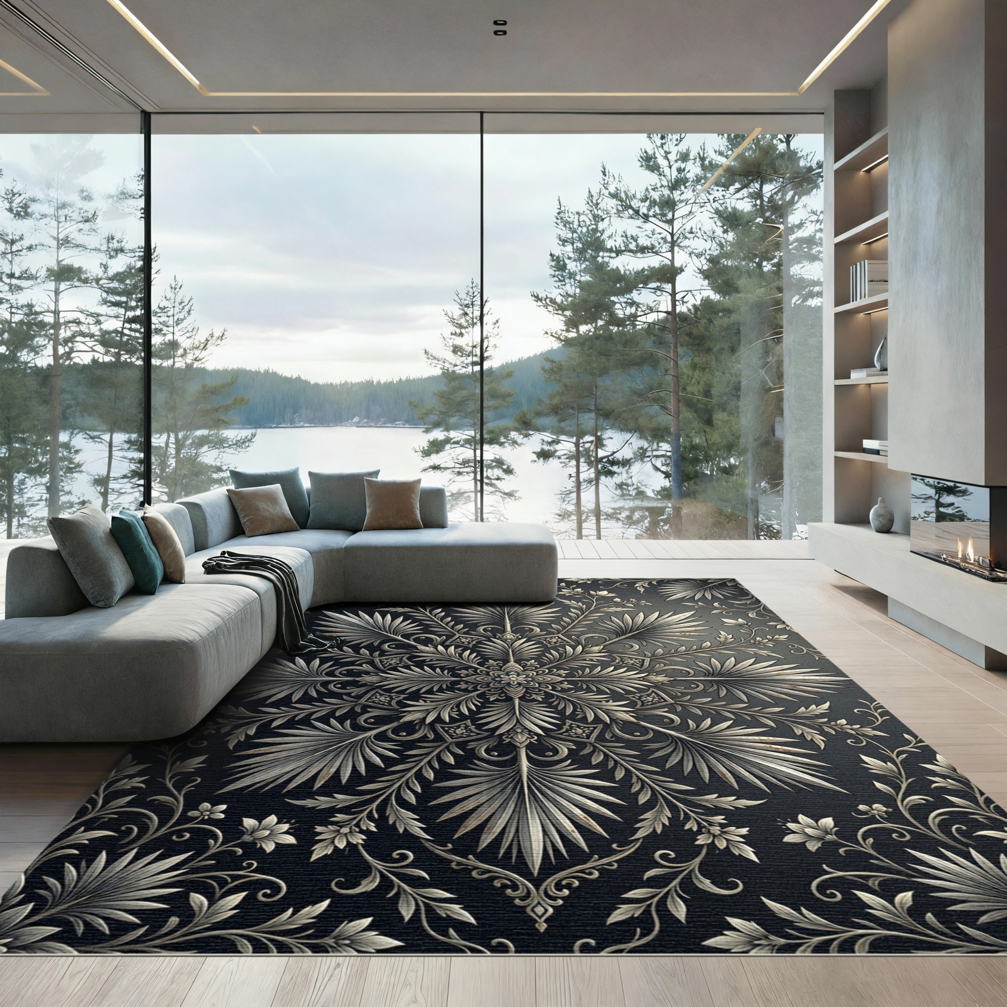 Ornate Silver Floral Scroll Rug