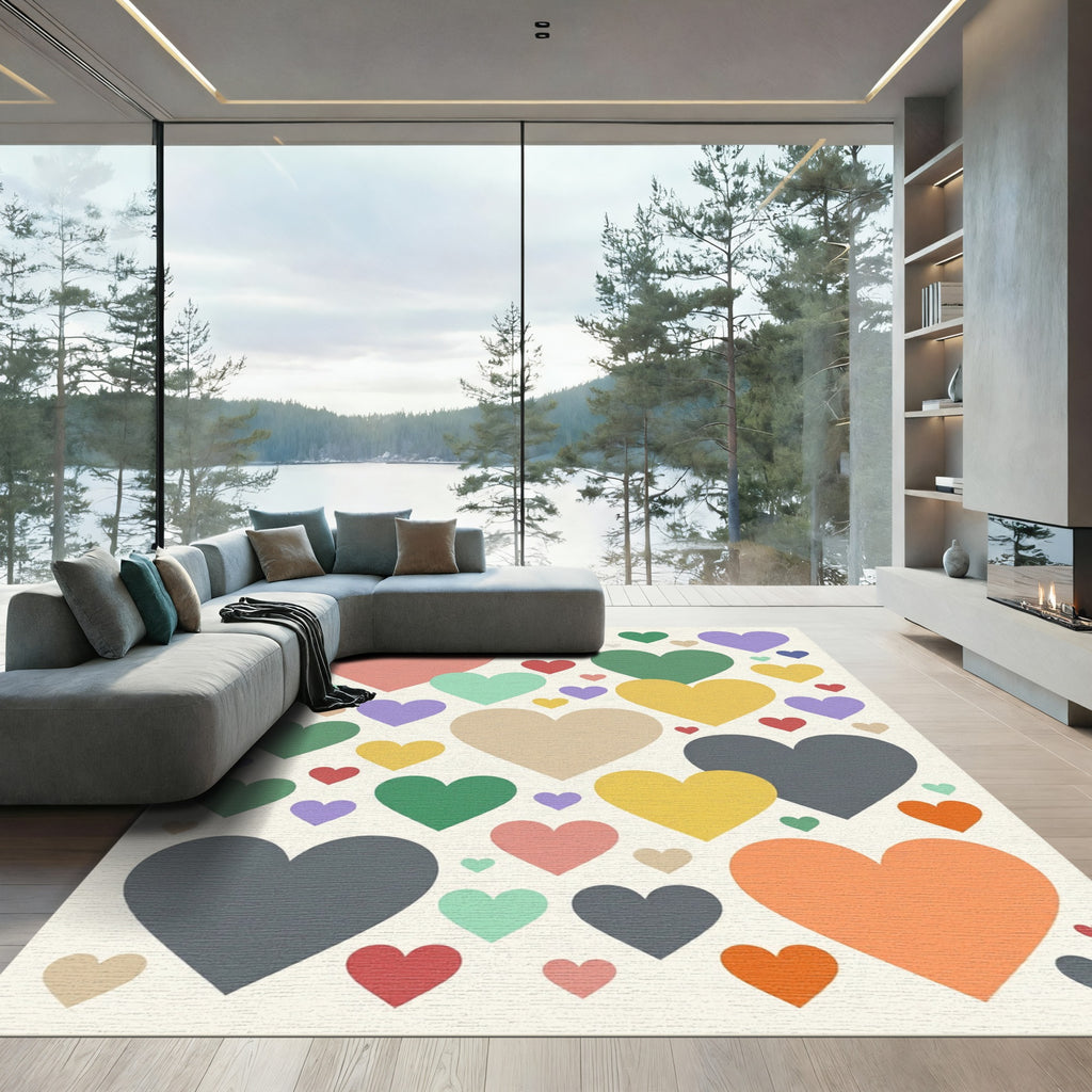 Playful Multicolored Hearts Scattered Art Rug