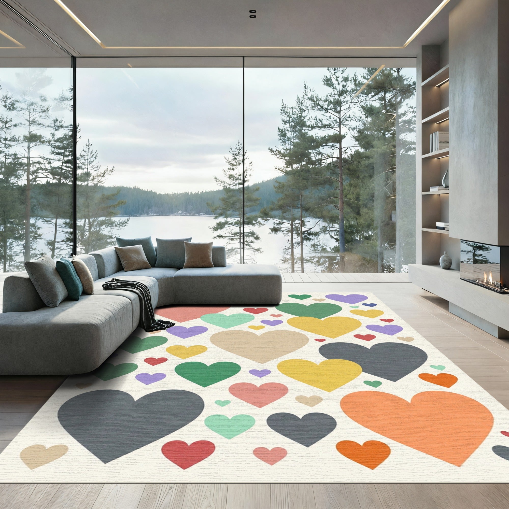 Playful Multicolored Hearts Scattered Art Rug