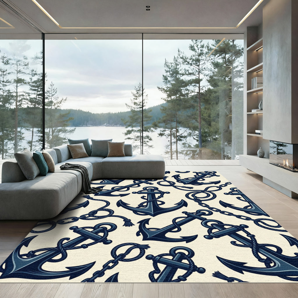 Navy Nautical Anchor Rope Illustration Rug