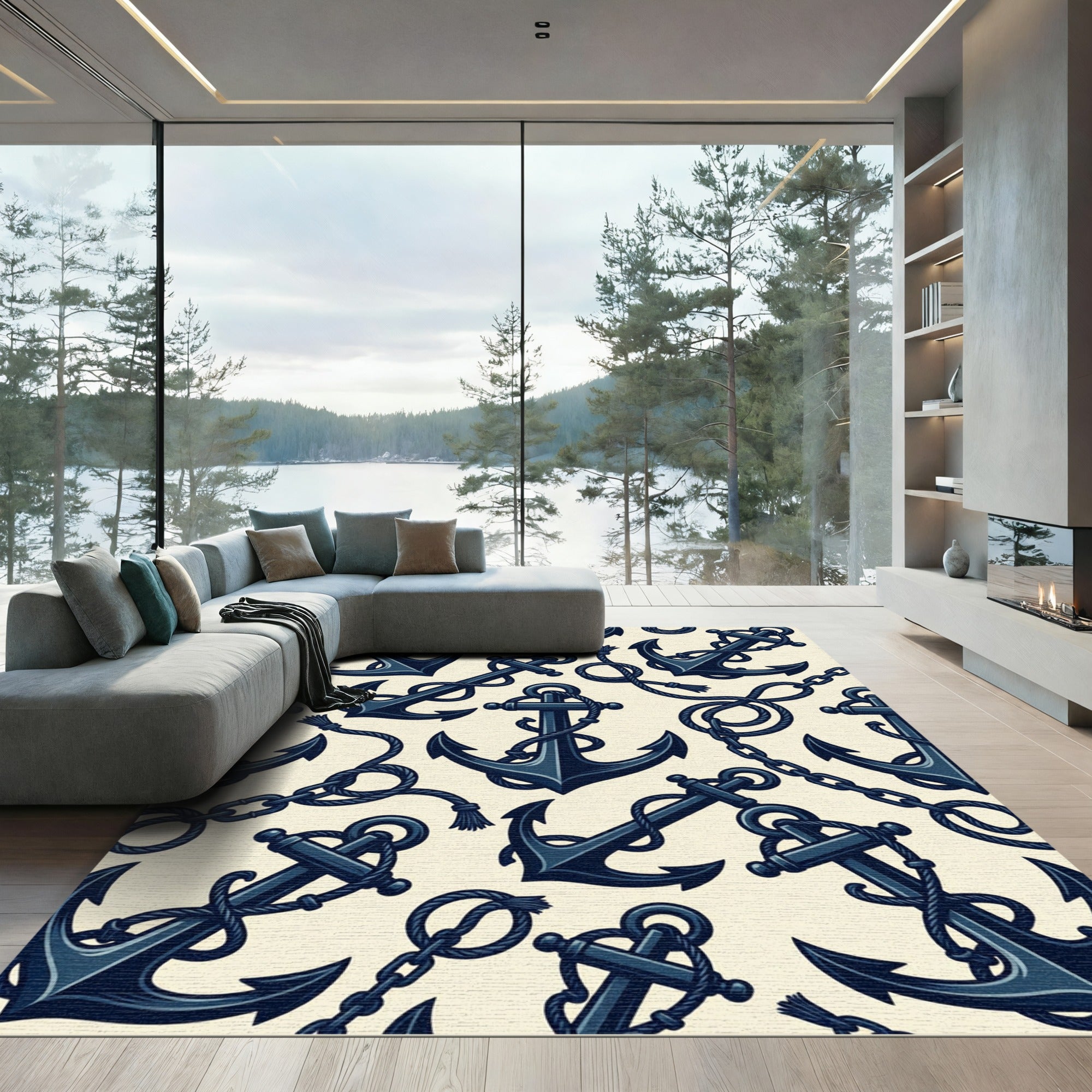 Navy Nautical Anchor Rope Illustration Rug