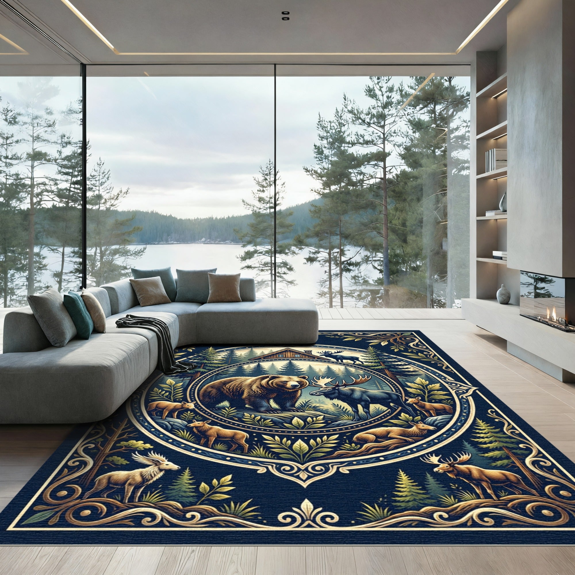 Rustic Wildlife Forest Medallion Art Rug