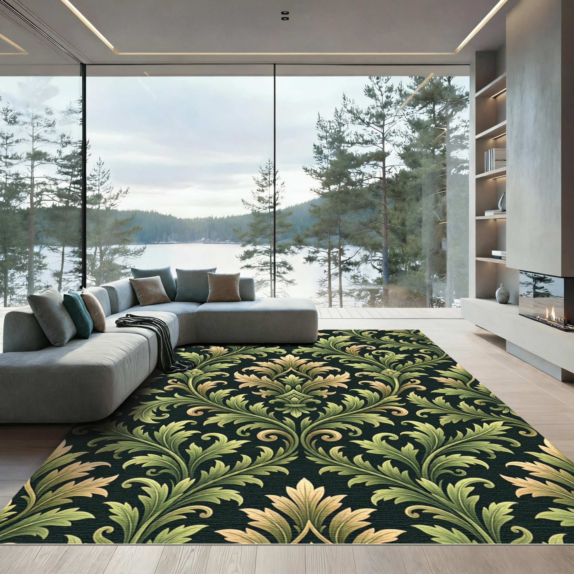 Damask Green Gold Leaf Scrollwork Rug