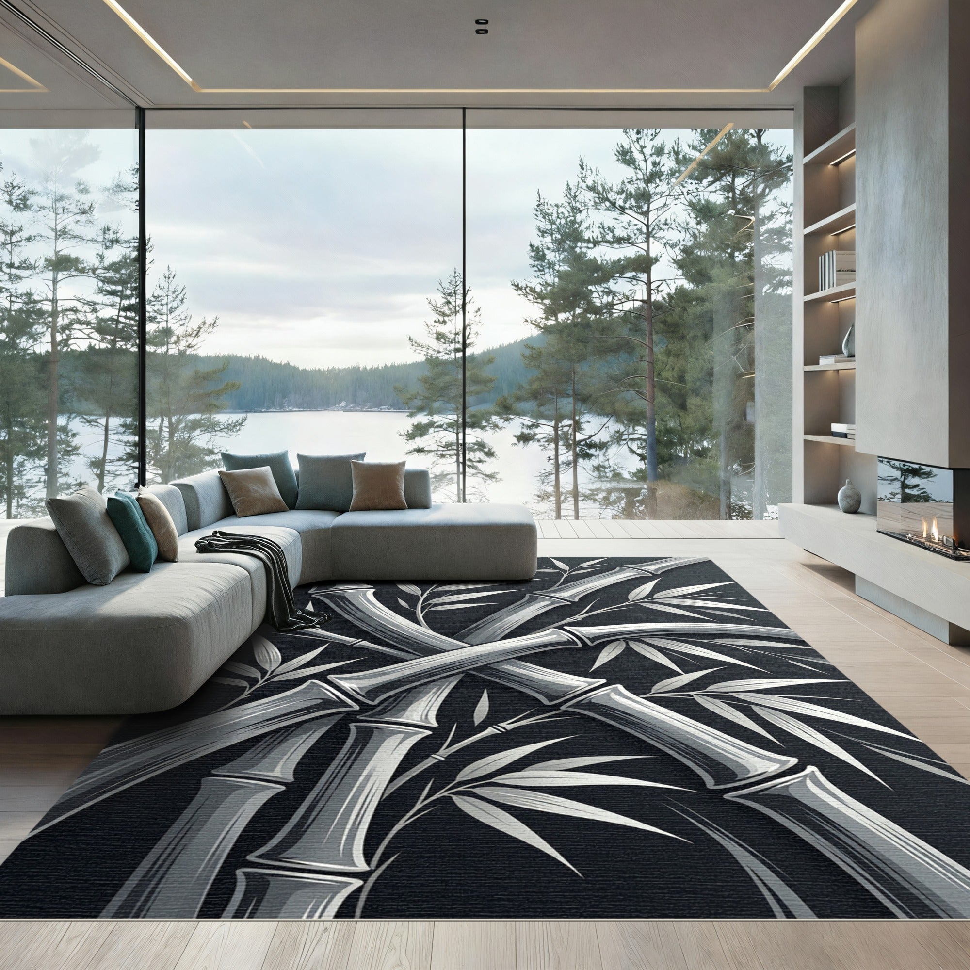 Silver Bamboo Stalks Branching Leaves Rug
