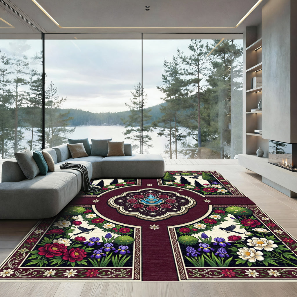 Crimson Floral Garden Fountain Birds Rug