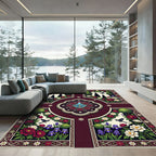 Crimson Floral Garden Fountain Birds Rug