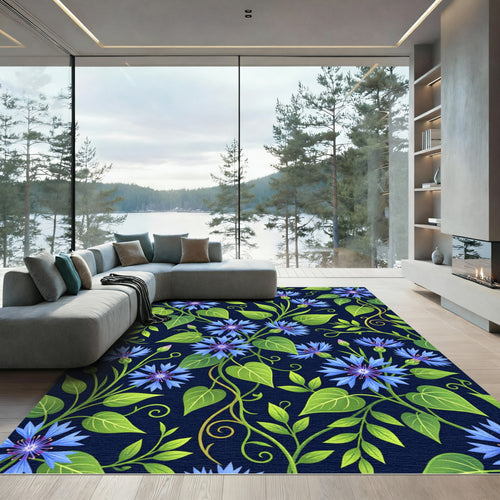 Blue Cornflower Vine Botanical Rug