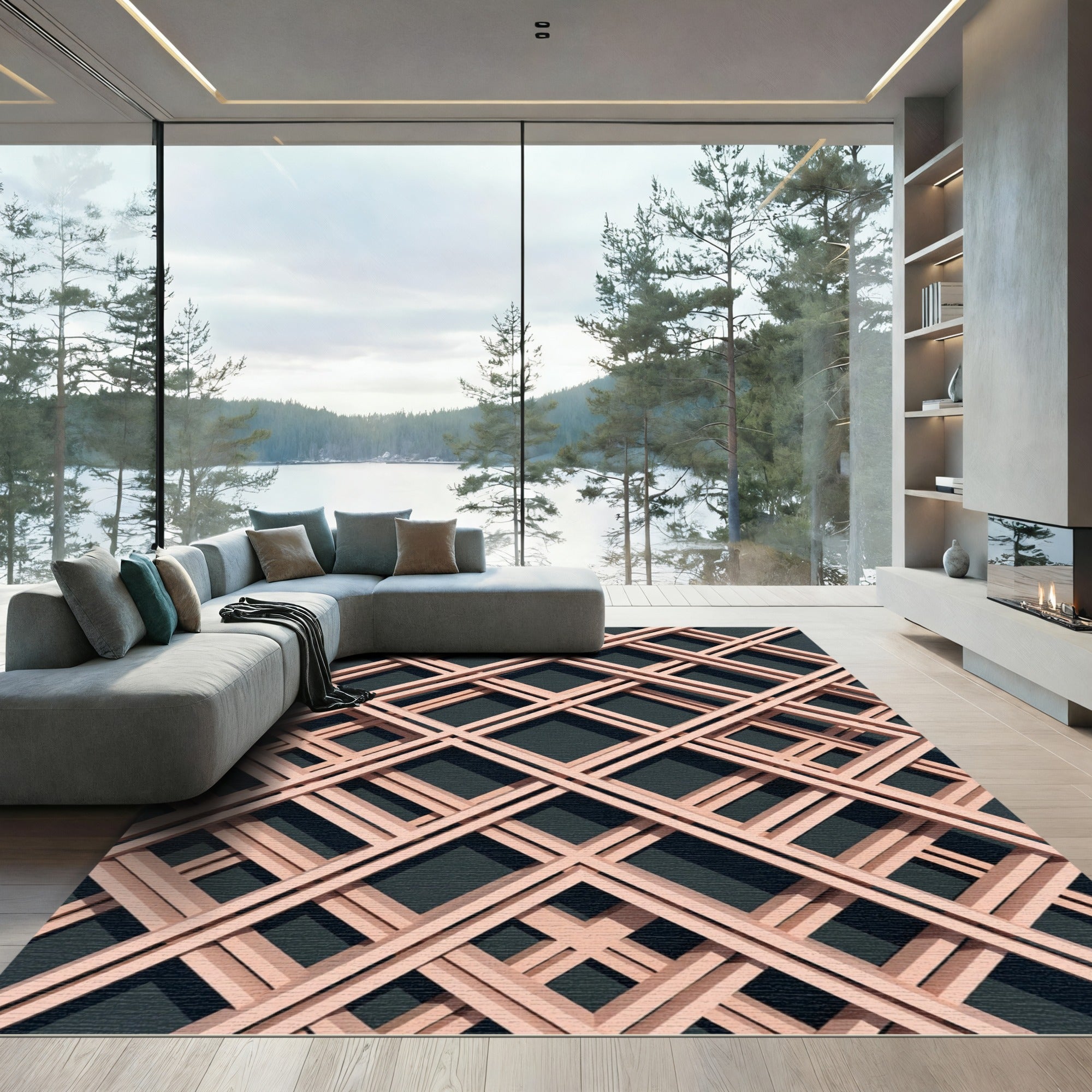 Blush Pink Intersecting Geometric Trellis Rug