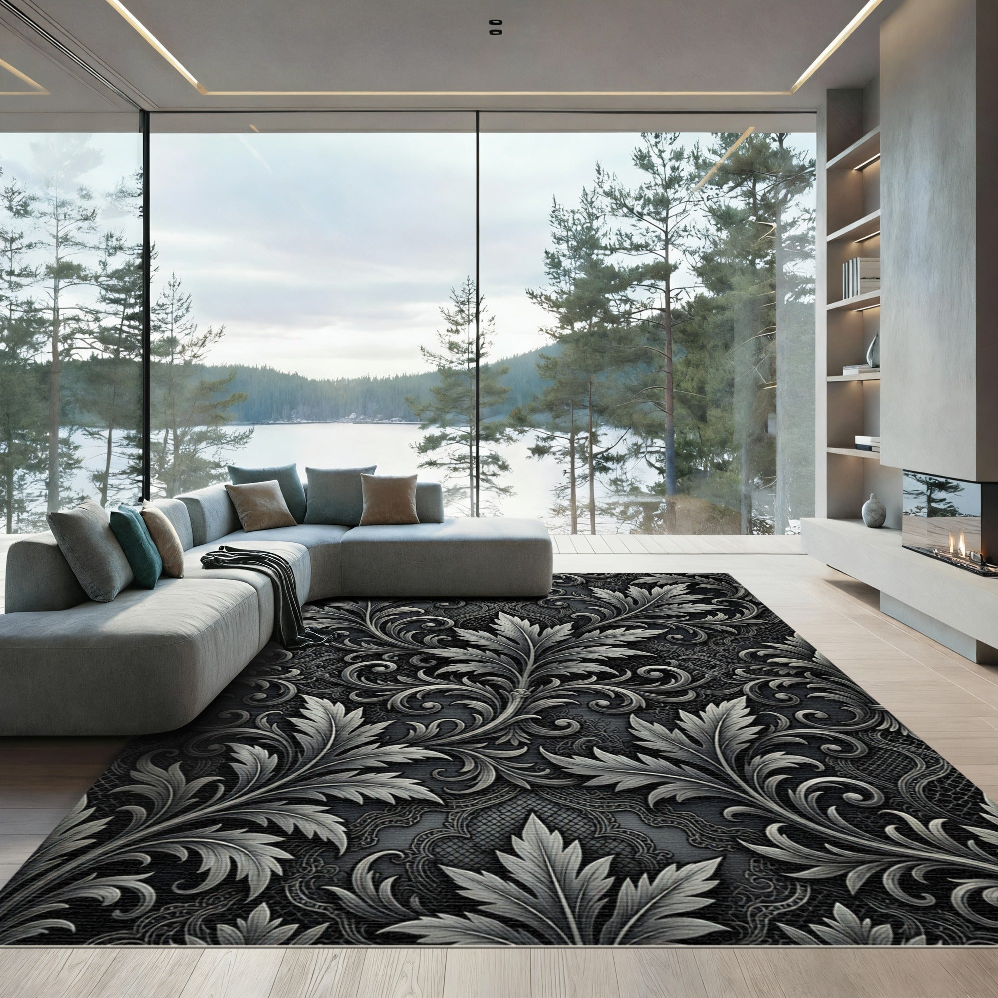 Antique Silver Leaf Scrollwork Rug