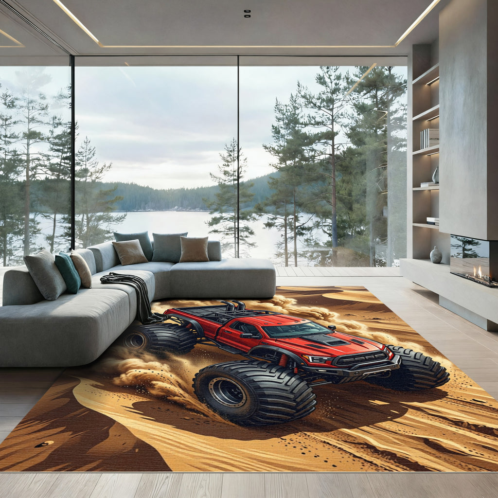 Dynamic Red Monster Truck Desert Rally Rug