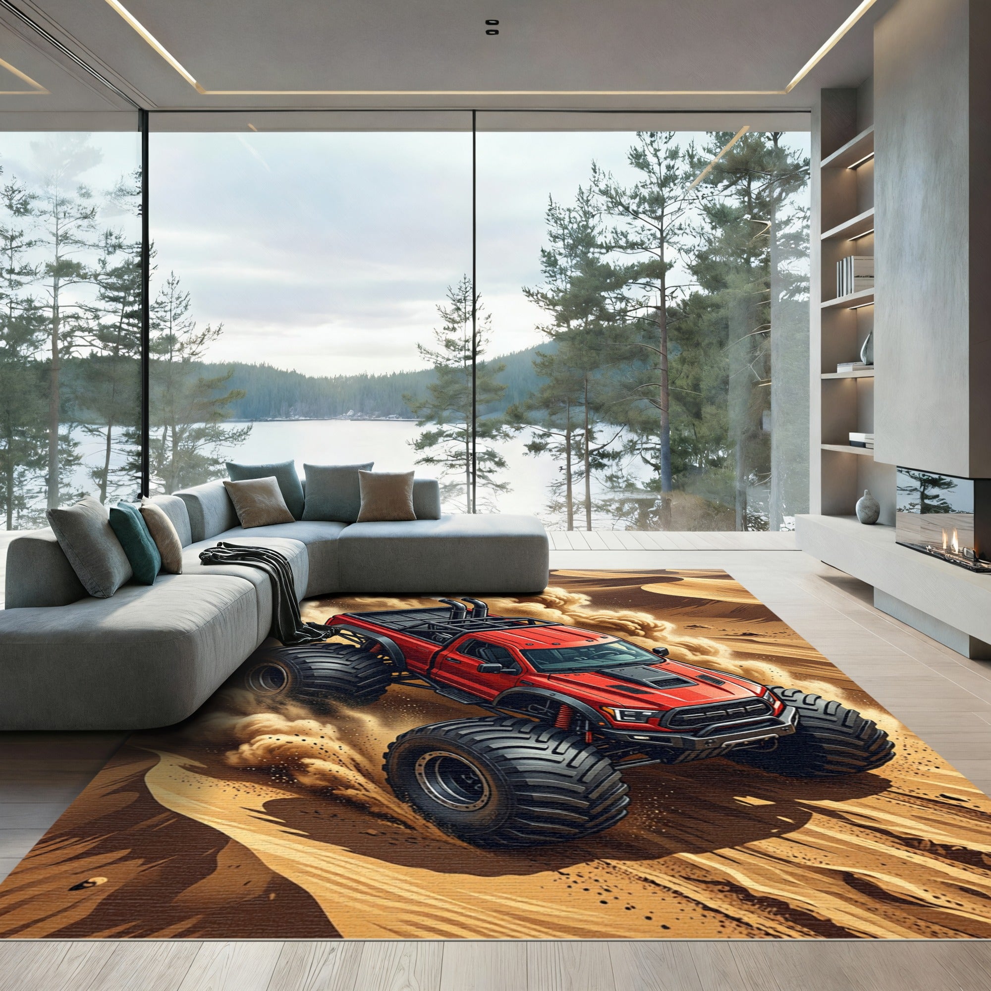 Dynamic Red Monster Truck Desert Rally Rug