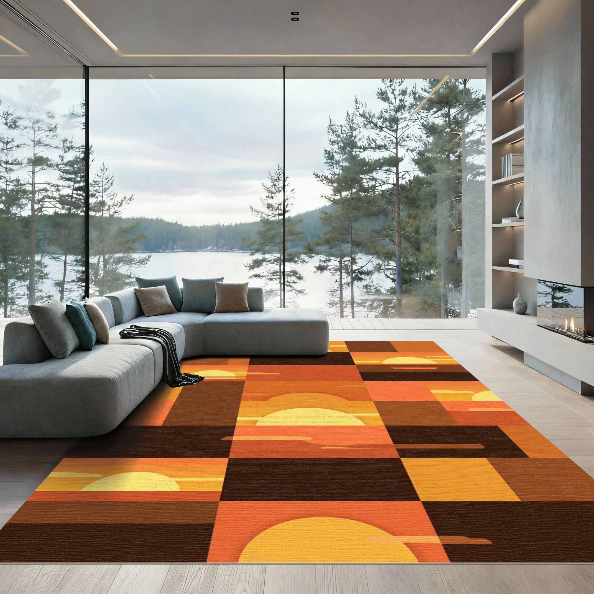 Geometric Sunset Grid Warm Amber Art Rug