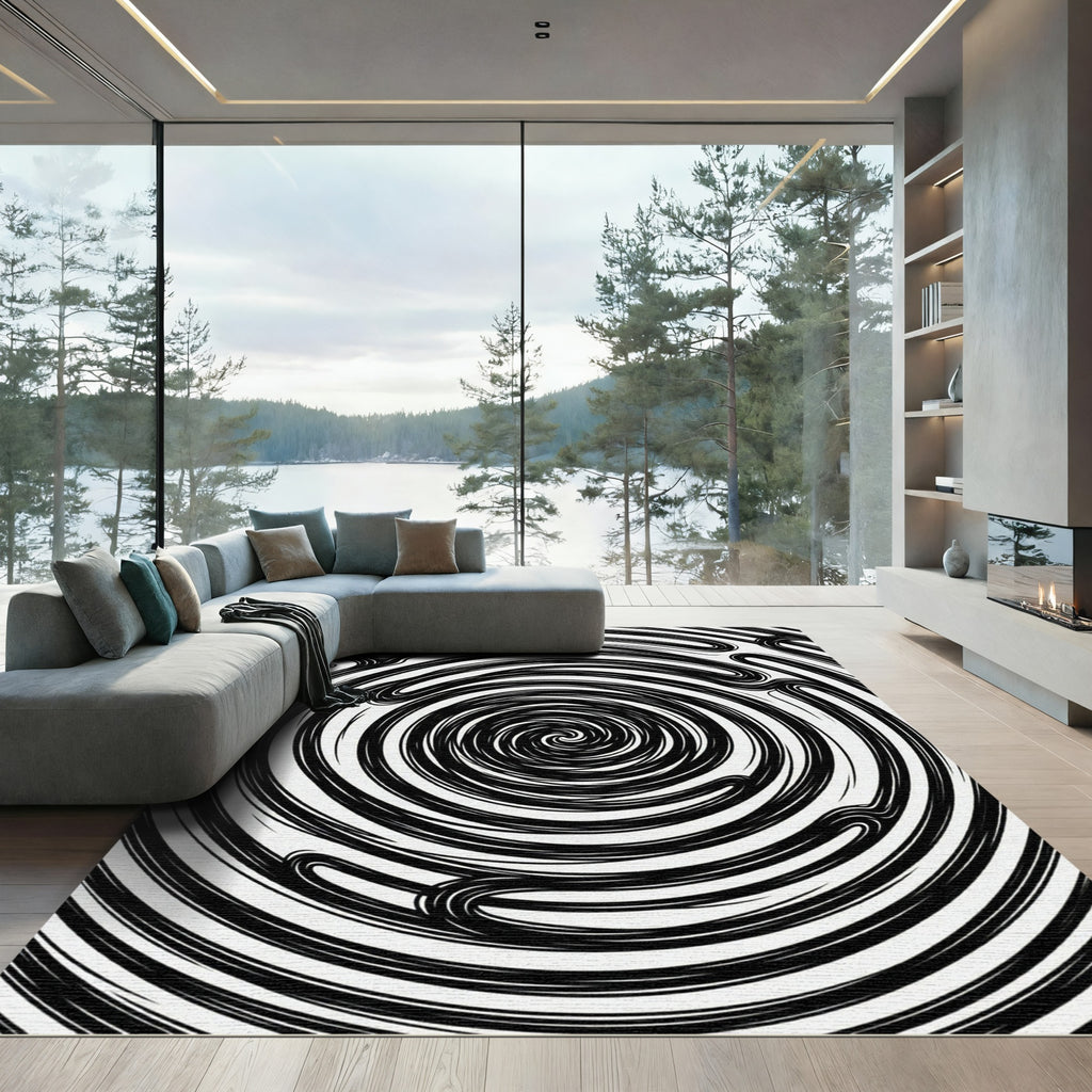Minimalist Black and White Hypnotic Swirl Rug