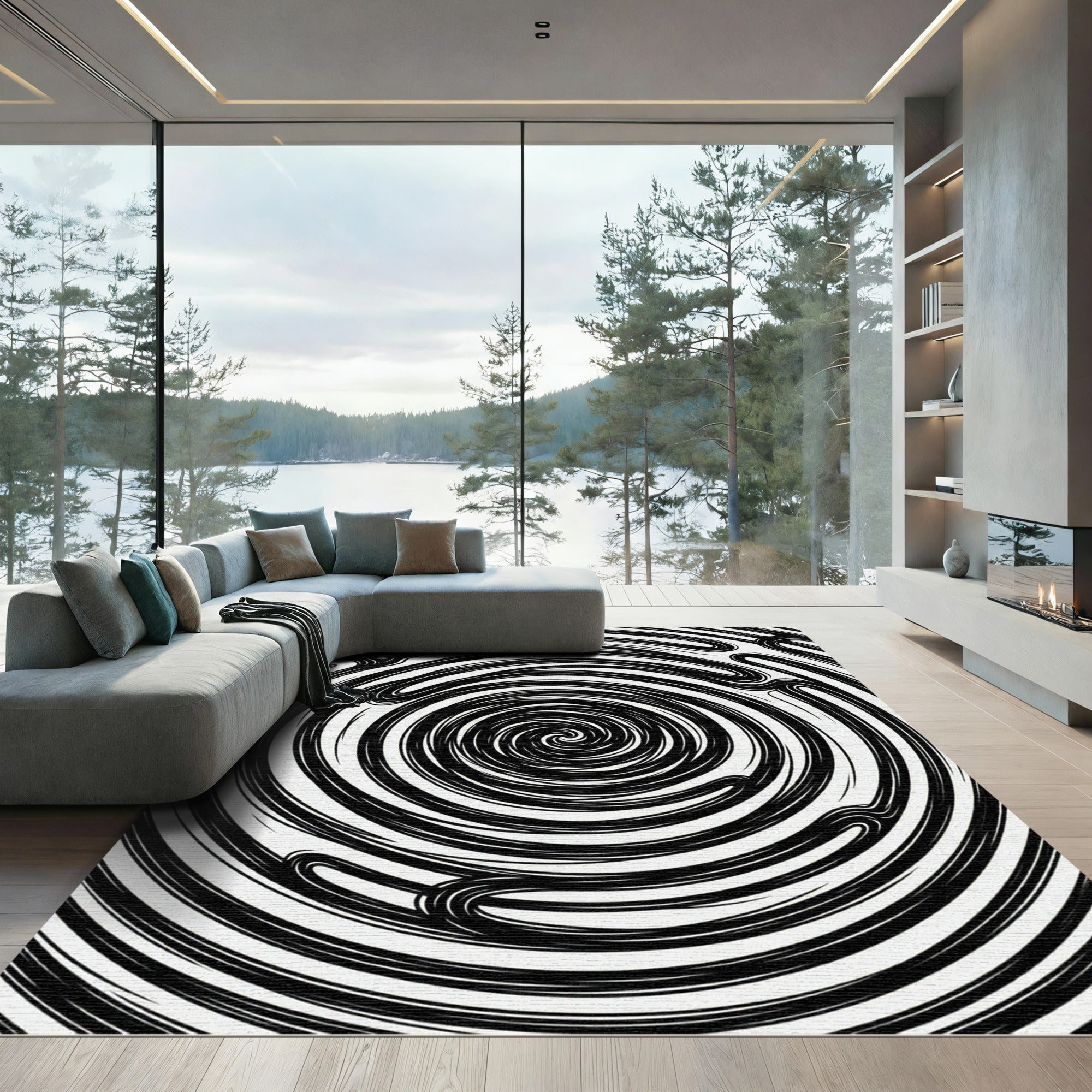 Minimalist Black and White Hypnotic Swirl Rug