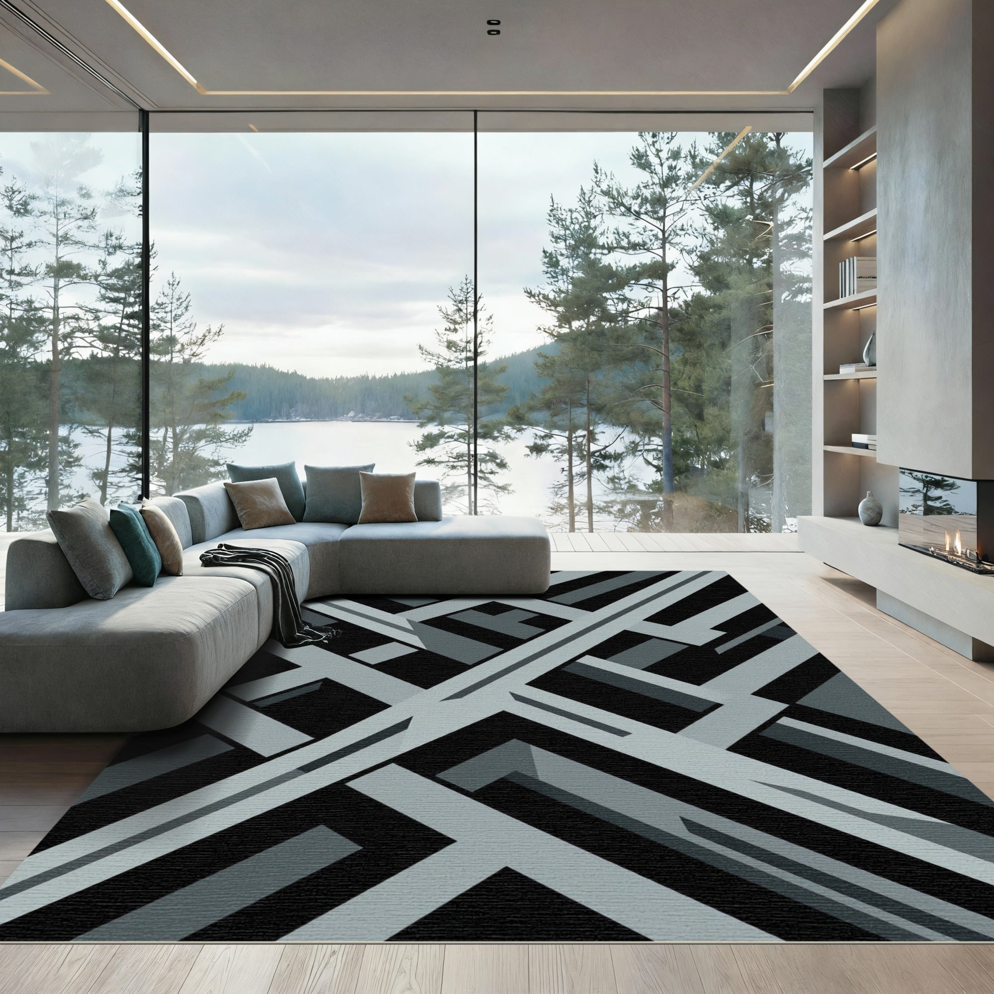 Modern Grey Geometric Interlocking Abstract Lines Rug