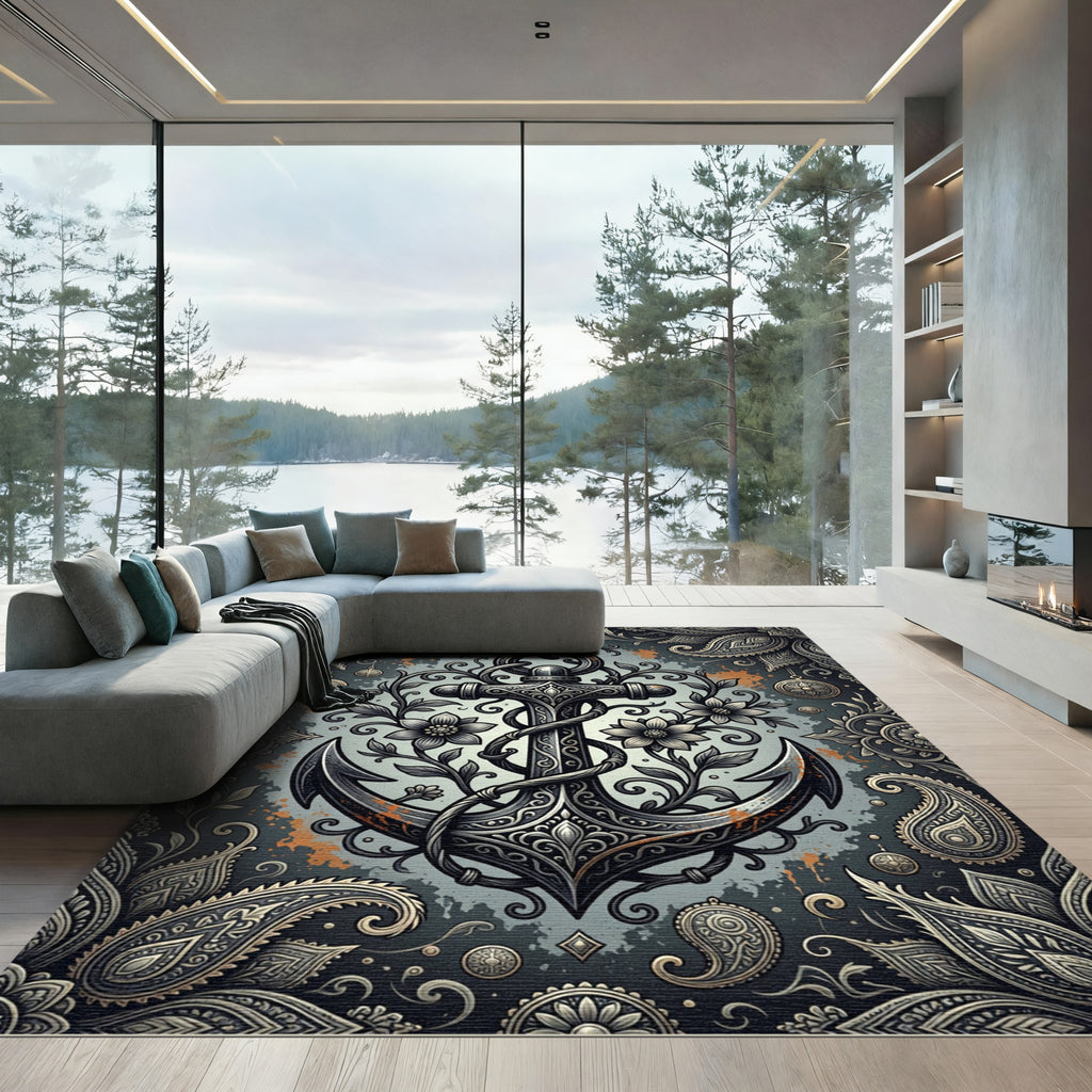 Ornate Floral Anchor Dark Grey Tapestry Rug
