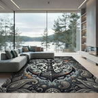 Ornate Floral Anchor Dark Grey Tapestry Rug