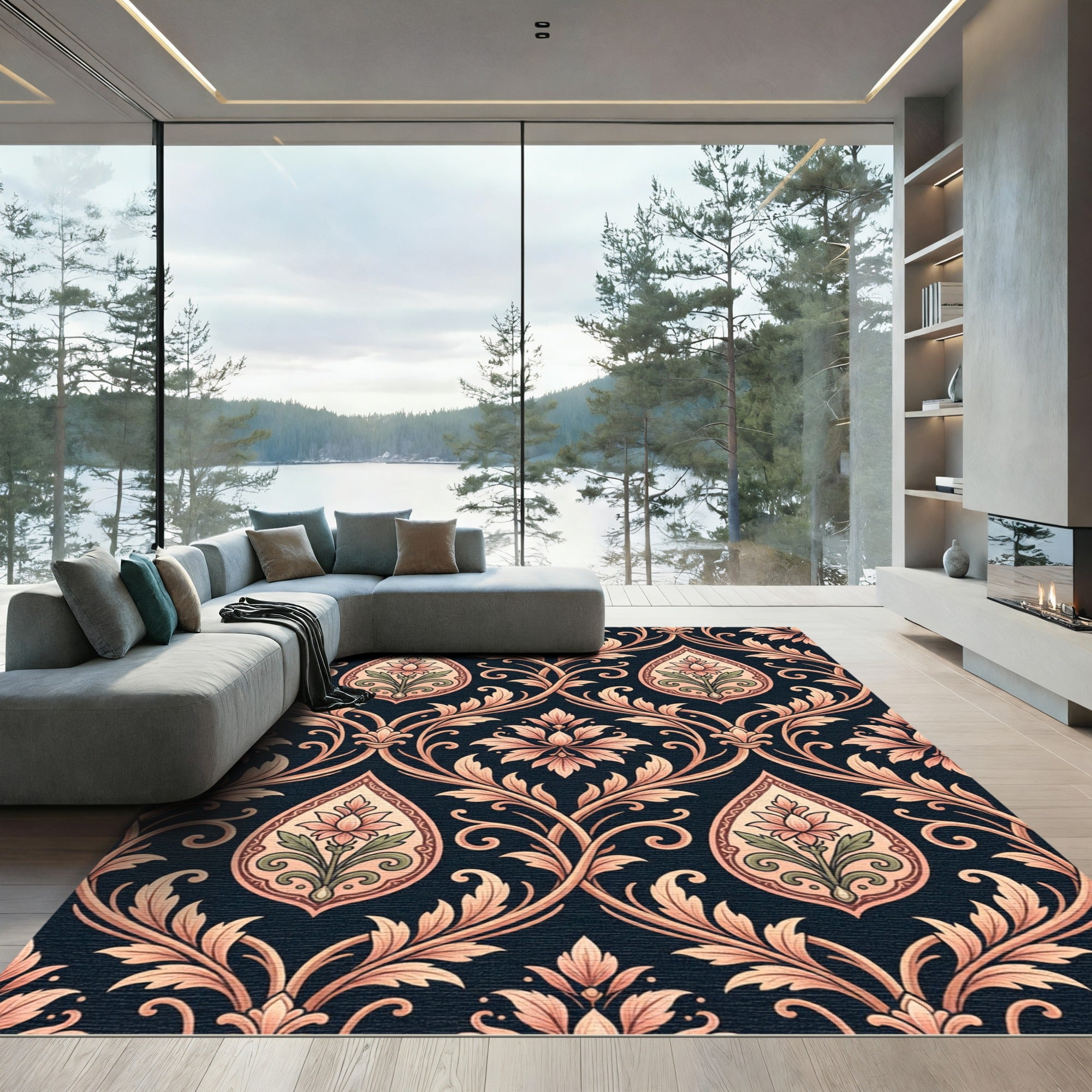 Peach Floral Paisley Damask Rug