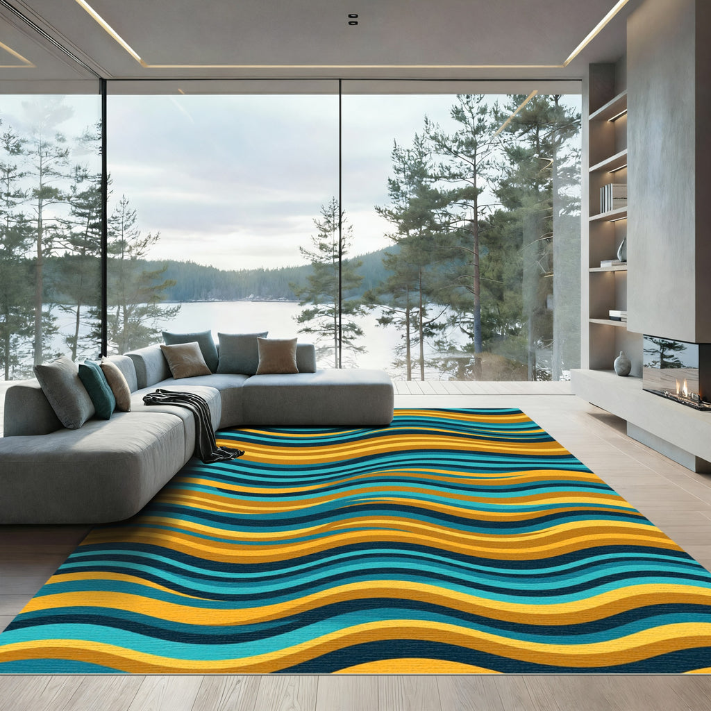 Modern Golden Teal Wavy Abstract Flow Rug