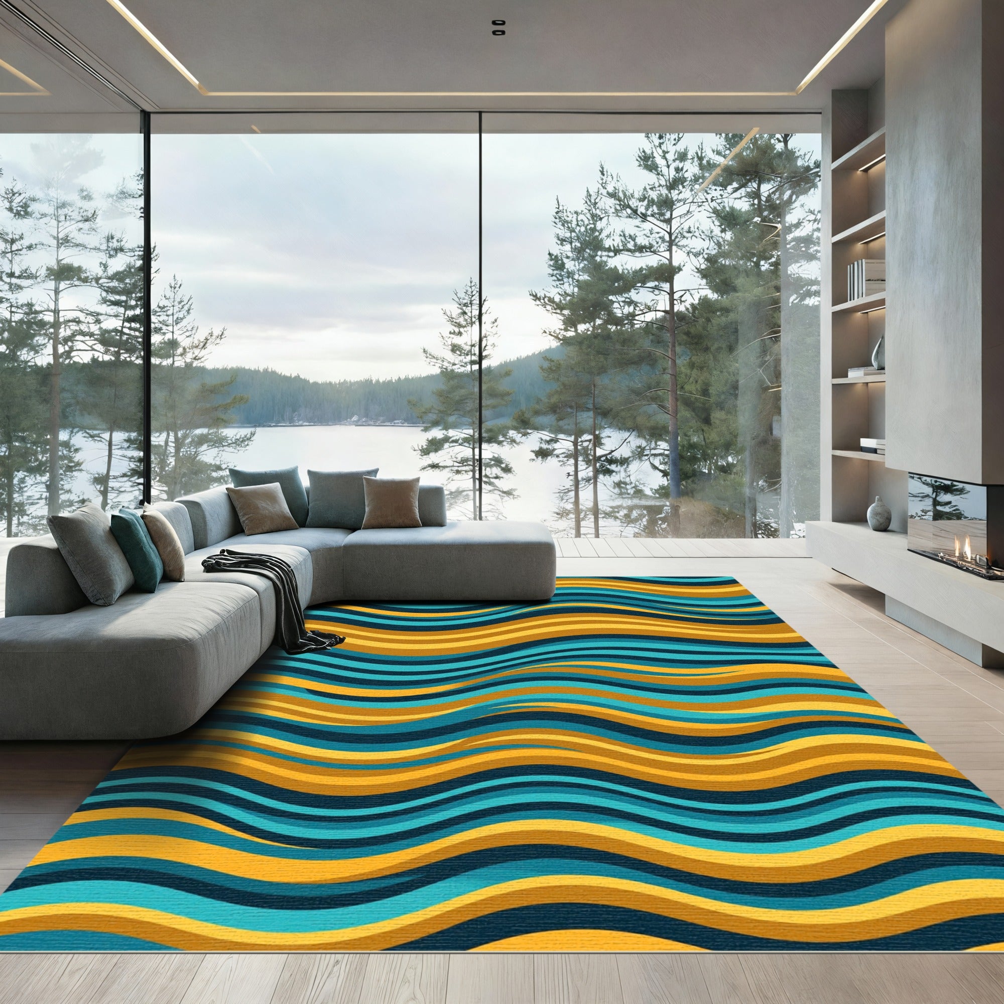 Modern Golden Teal Wavy Abstract Flow Rug