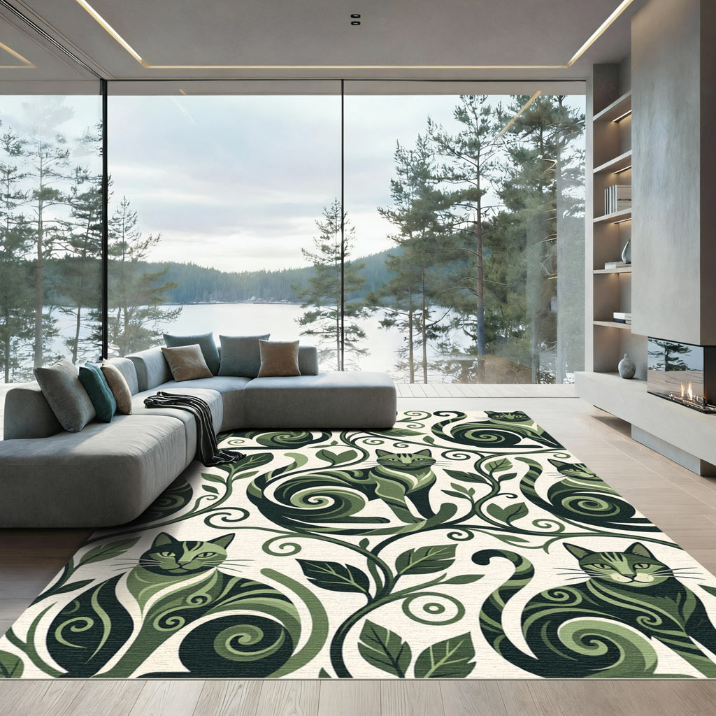 Whimsical Green Feline Foliage Rug
