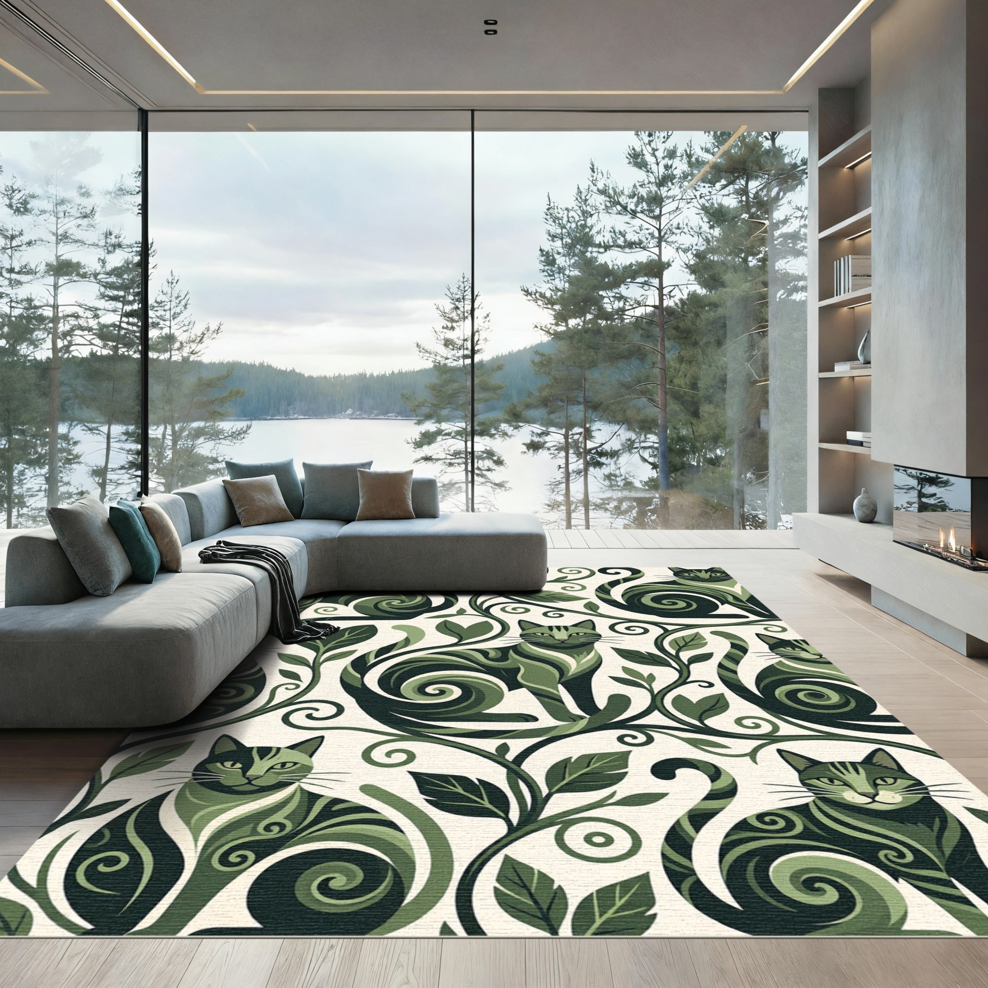 Whimsical Green Feline Foliage Rug