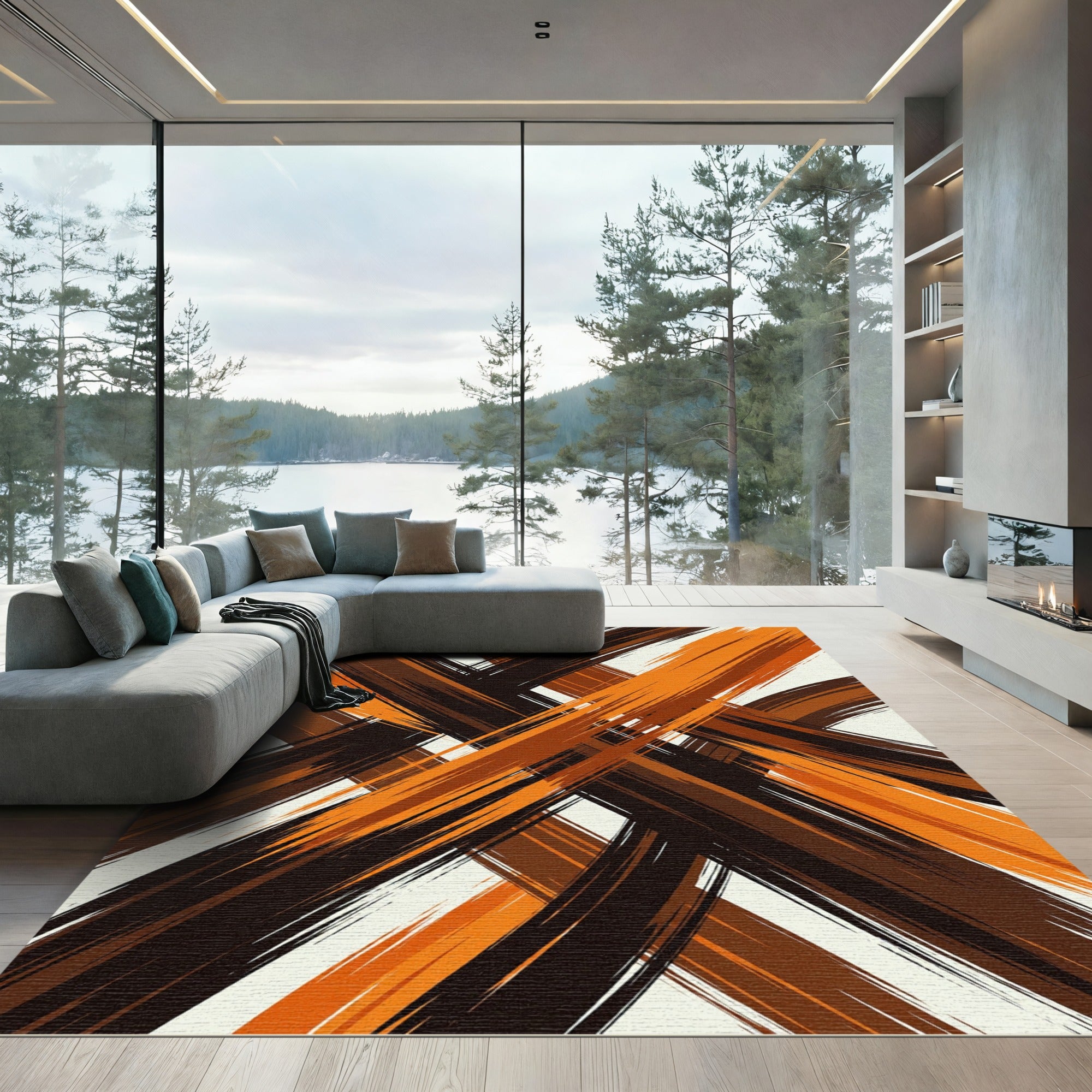 Abstract Brown and Orange Brushstroke Rug