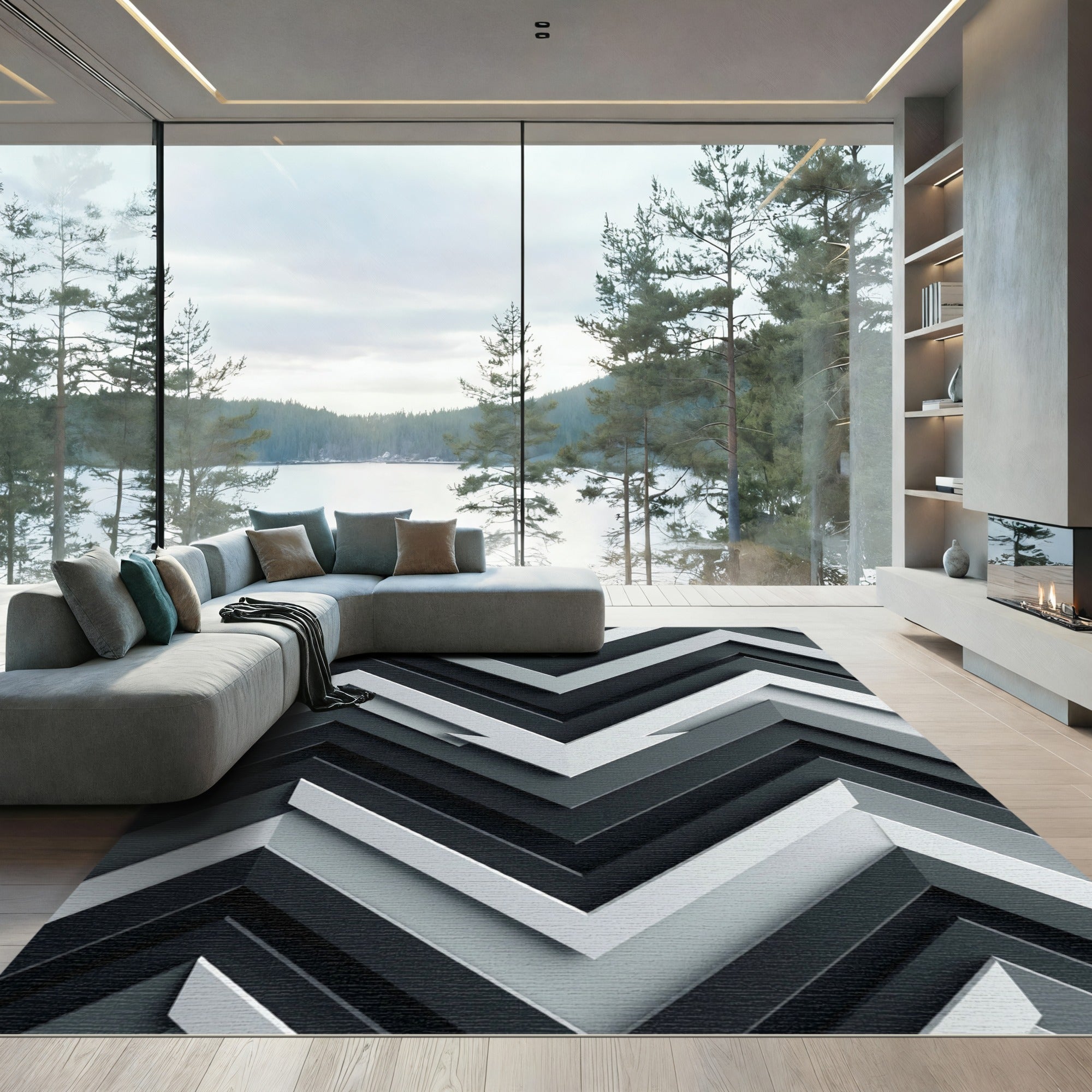 Modern Grayscale Chevron Layers Rug