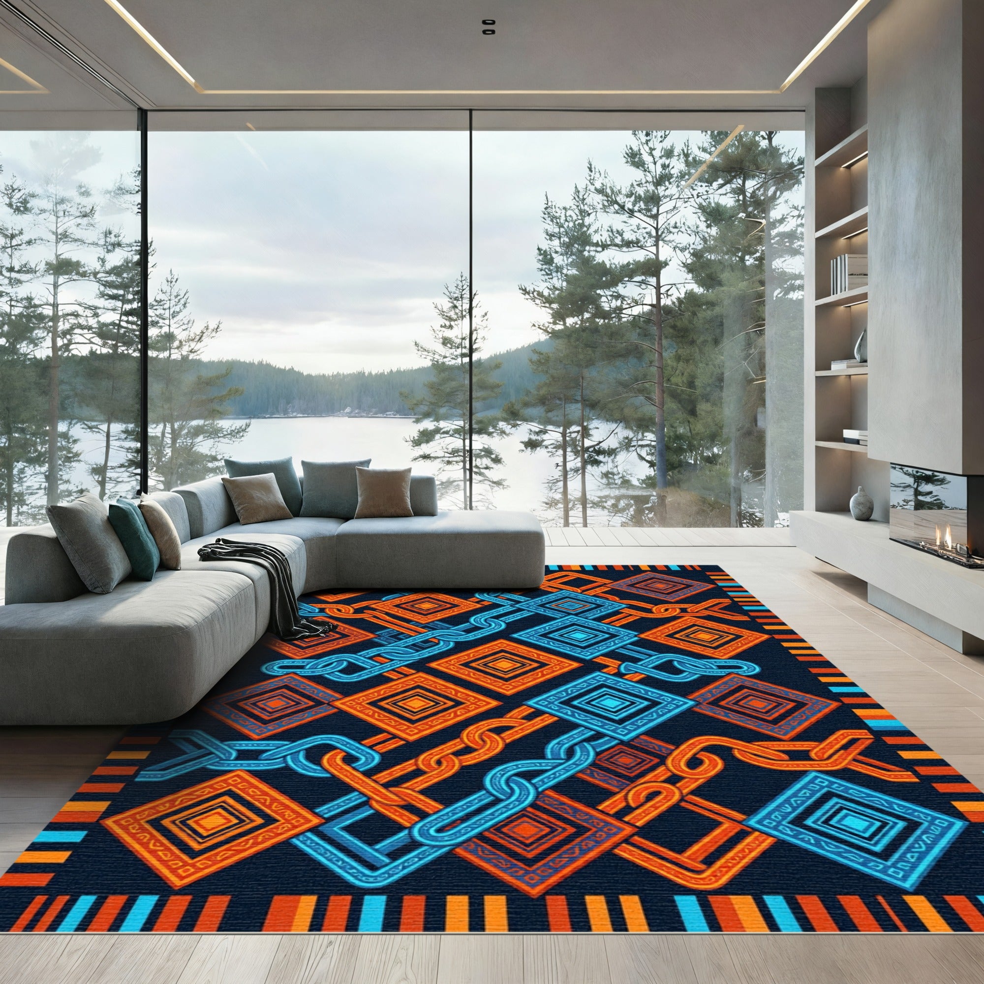 Geometric Chain Link Navy Orange Rug