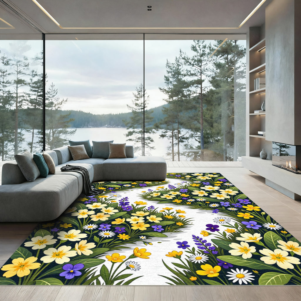 Vibrant Wildflower Meadow Winding Path Rug